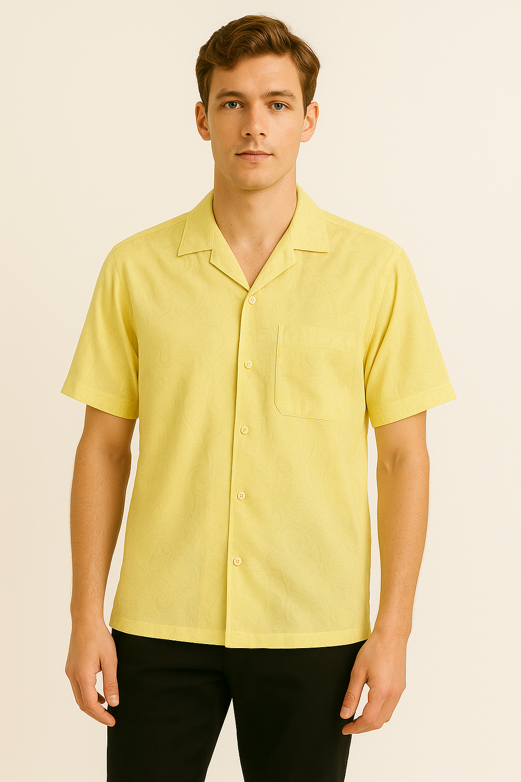 Men’s Linen Cuban Collar Short-Sleeve Shirt - Soft Yellow