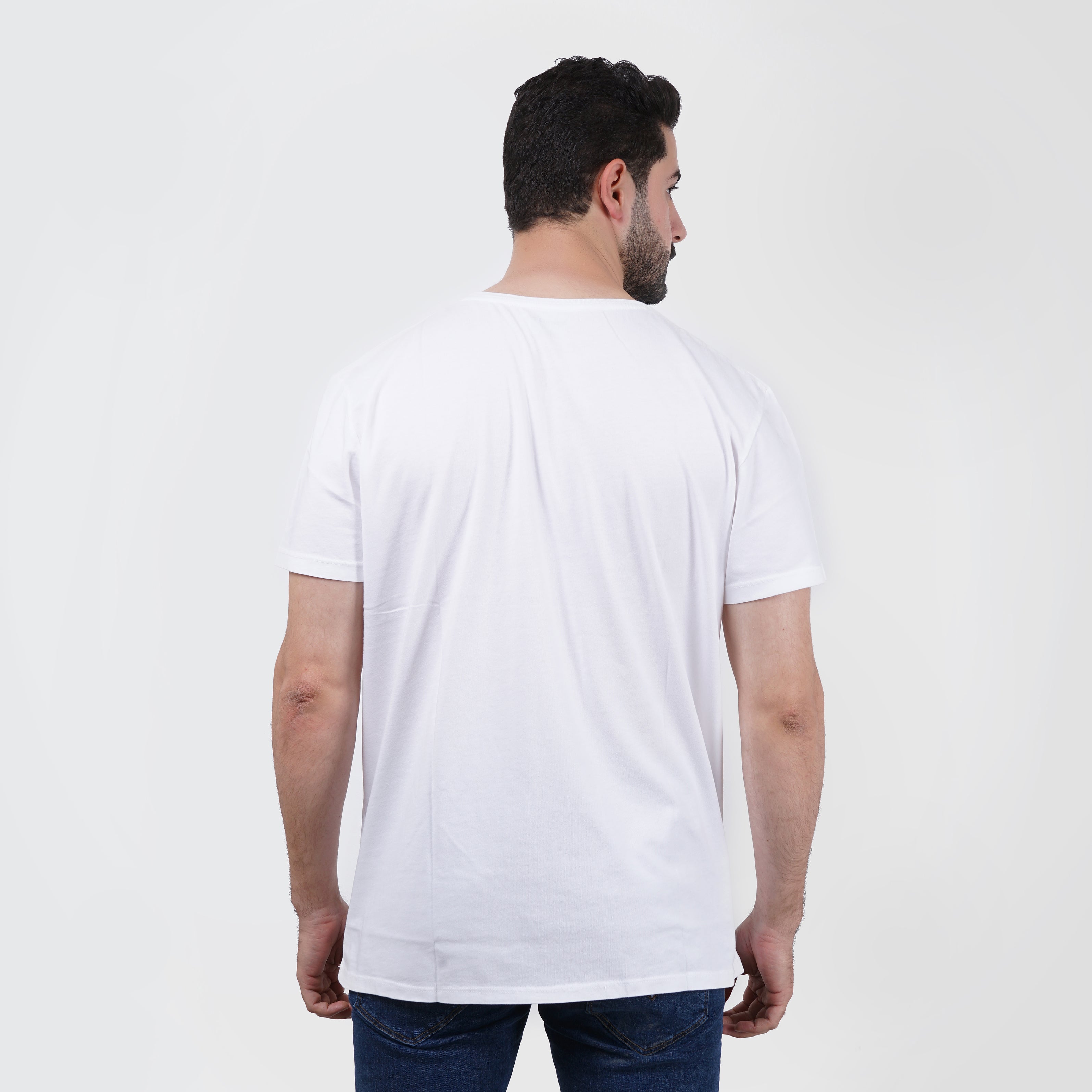Man in white Timberland t-shirt rear view on white background, plain design, casual style.