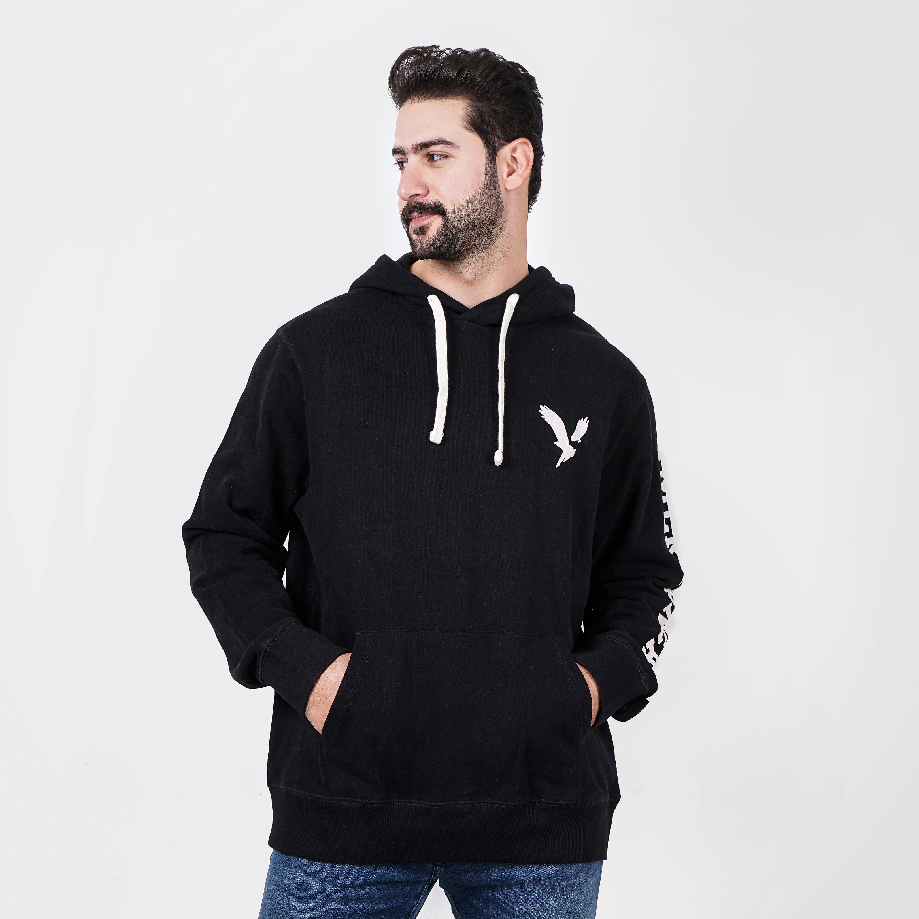 American Eagle Comfy Black Hoodie with Printed Sleeve - Marca Deals - American Eagle