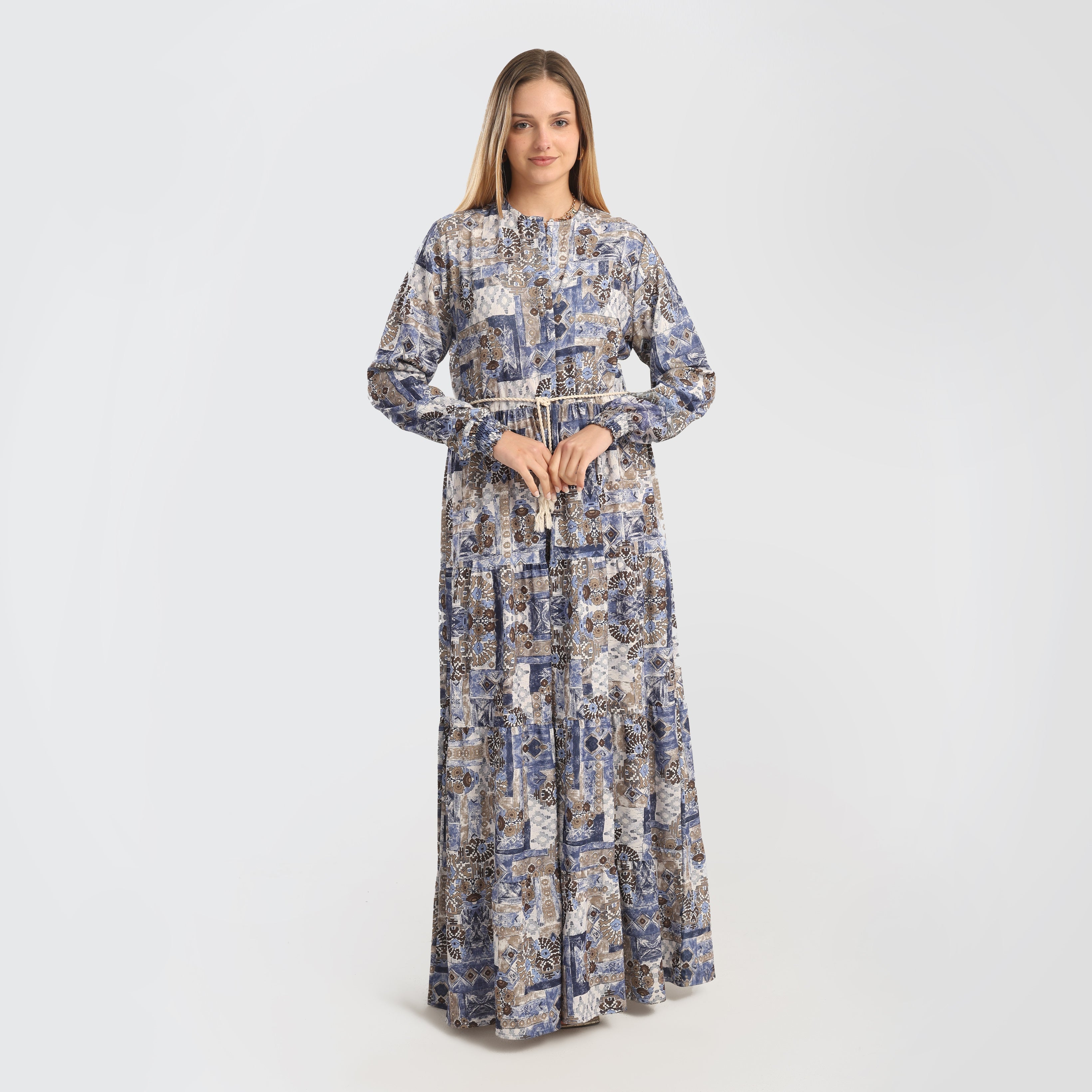 Elegant Abstract Print Maxi Dress with Belted Waist - Marca Deals - Flavie