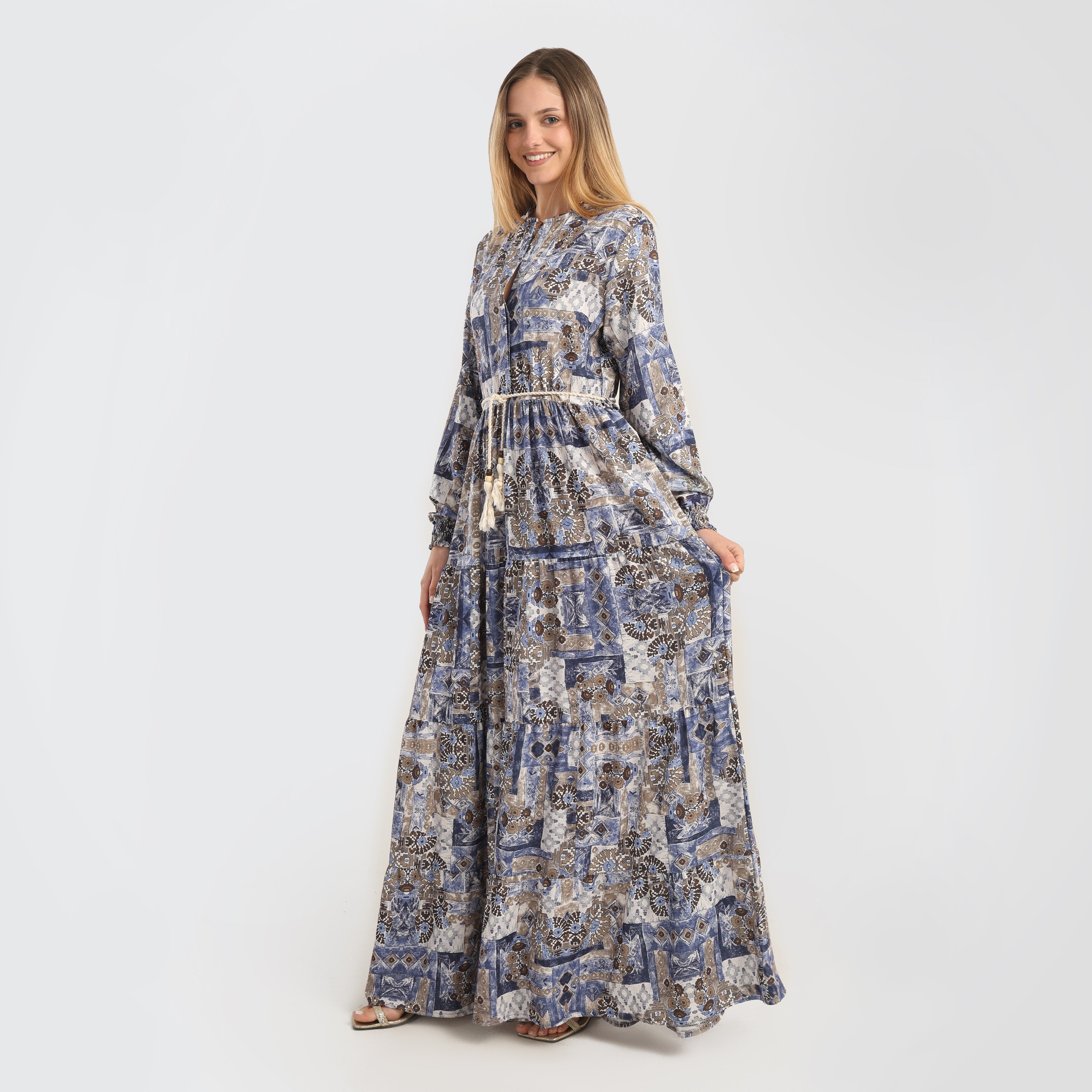 Elegant Abstract Print Maxi Dress with Belted Waist - Marca Deals - Flavie