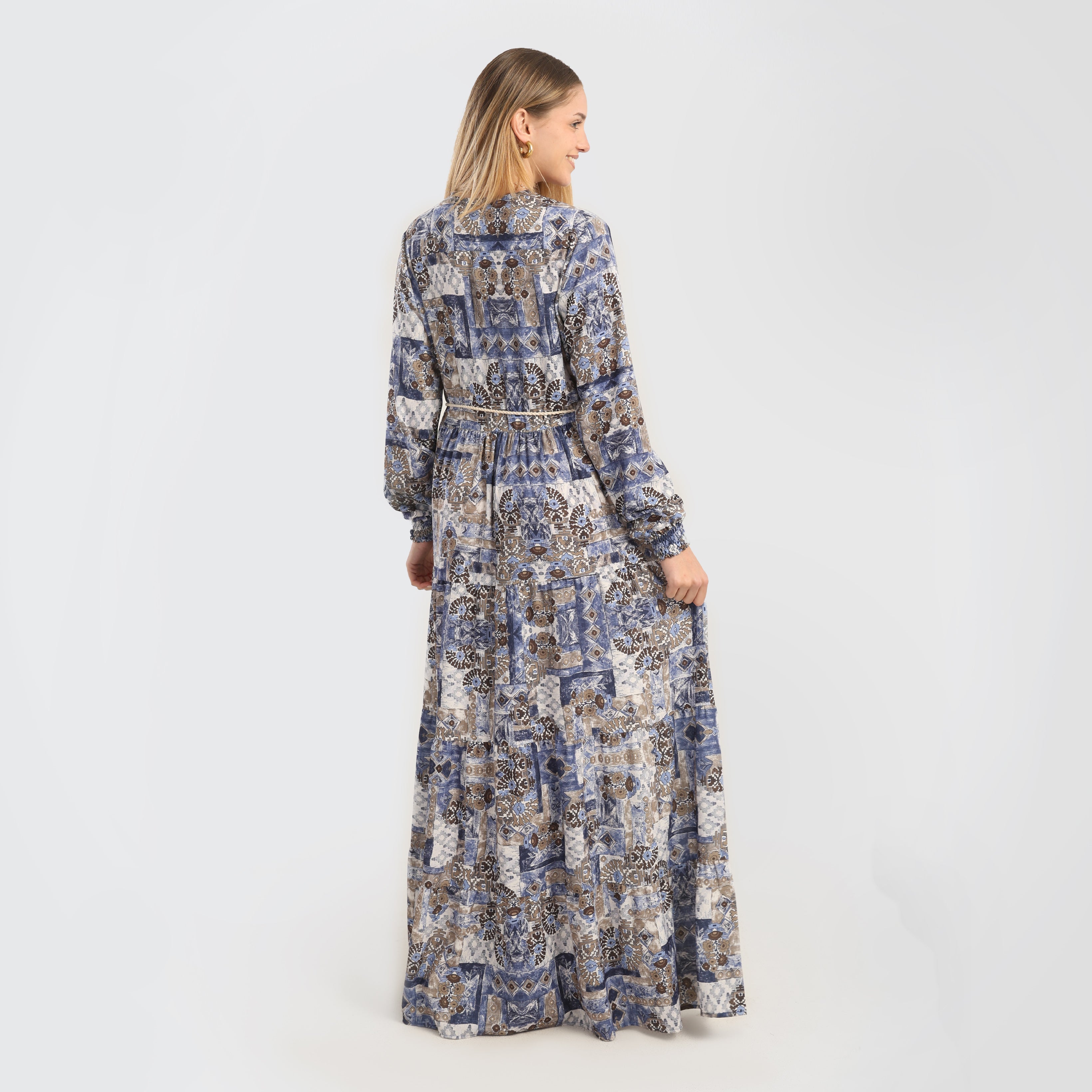 Elegant Abstract Print Maxi Dress with Belted Waist - Marca Deals - Flavie