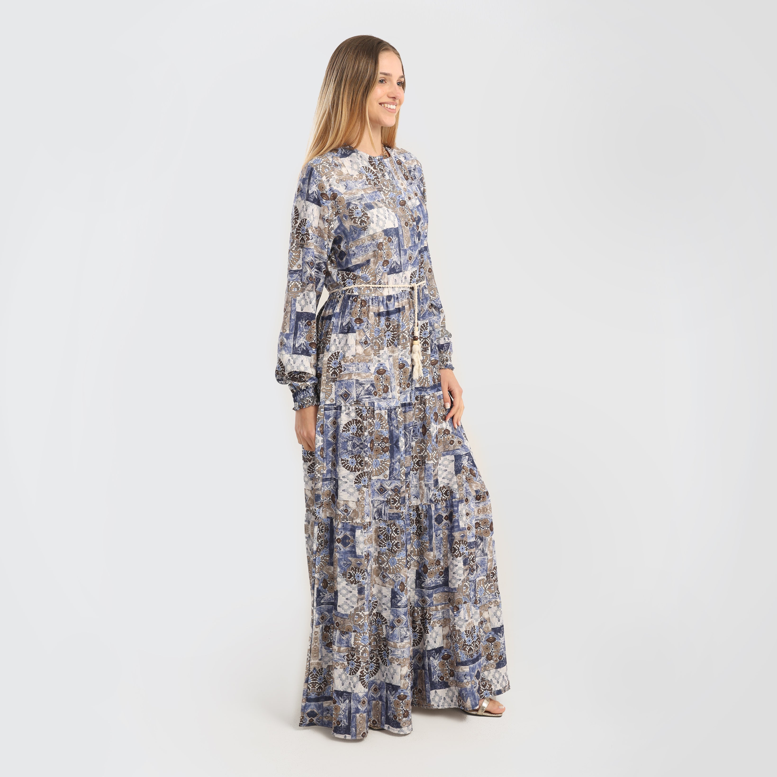 Elegant Abstract Print Maxi Dress with Belted Waist - Marca Deals - Flavie