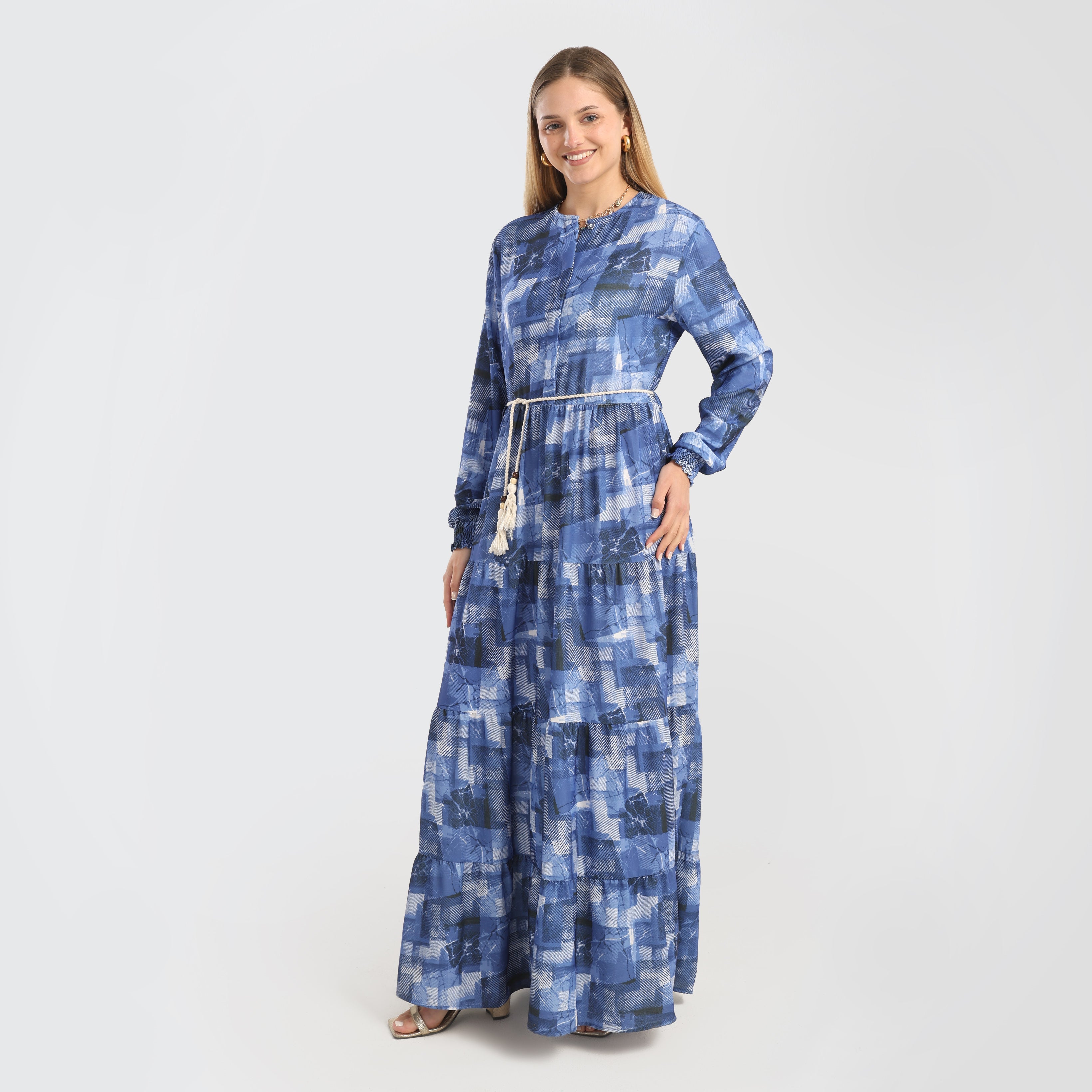 Elegant Blue Abstract Print Maxi Dress with Belted Waist - Marca Deals - Flavie