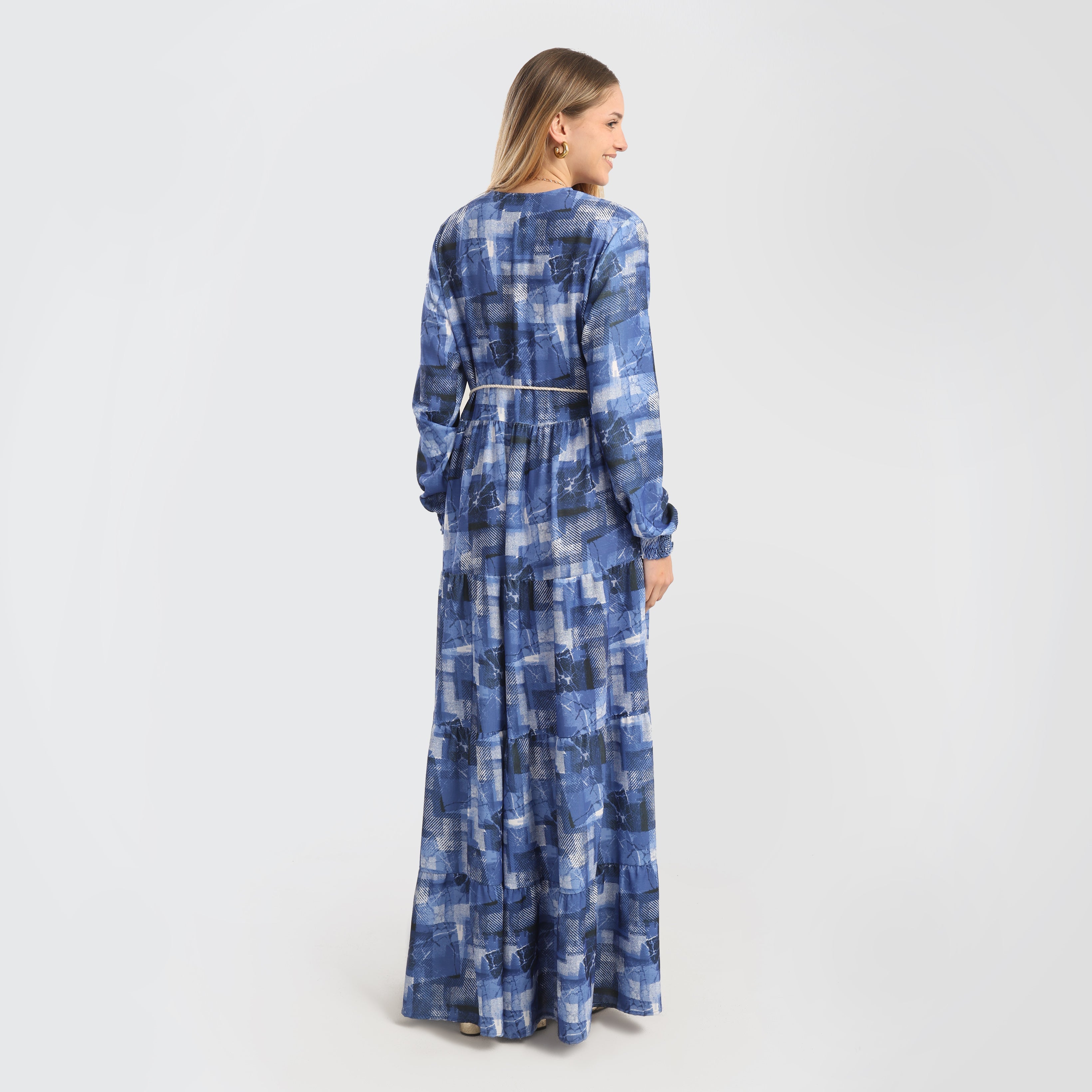 Elegant Blue Abstract Print Maxi Dress with Belted Waist - Marca Deals - Flavie