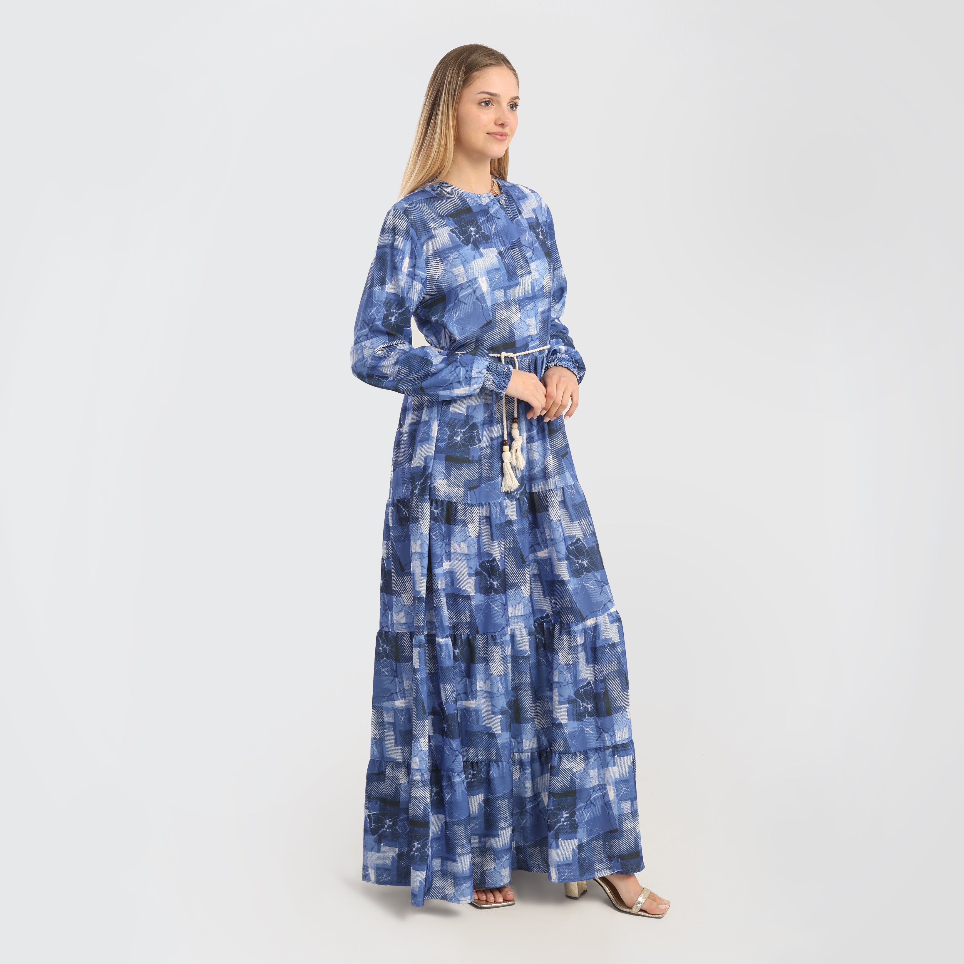 Elegant Blue Abstract Print Maxi Dress with Belted Waist - Marca Deals - Flavie