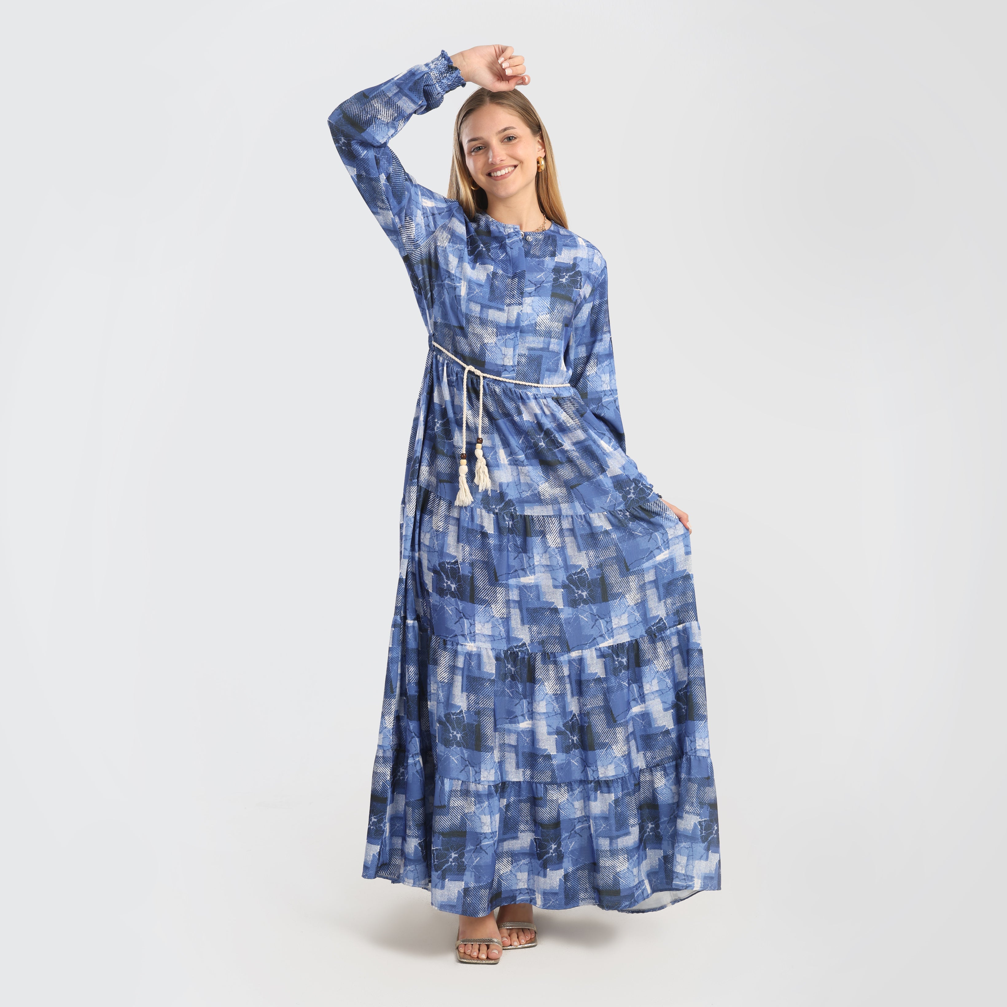 Elegant Blue Abstract Print Maxi Dress with Belted Waist - Marca Deals - Flavie