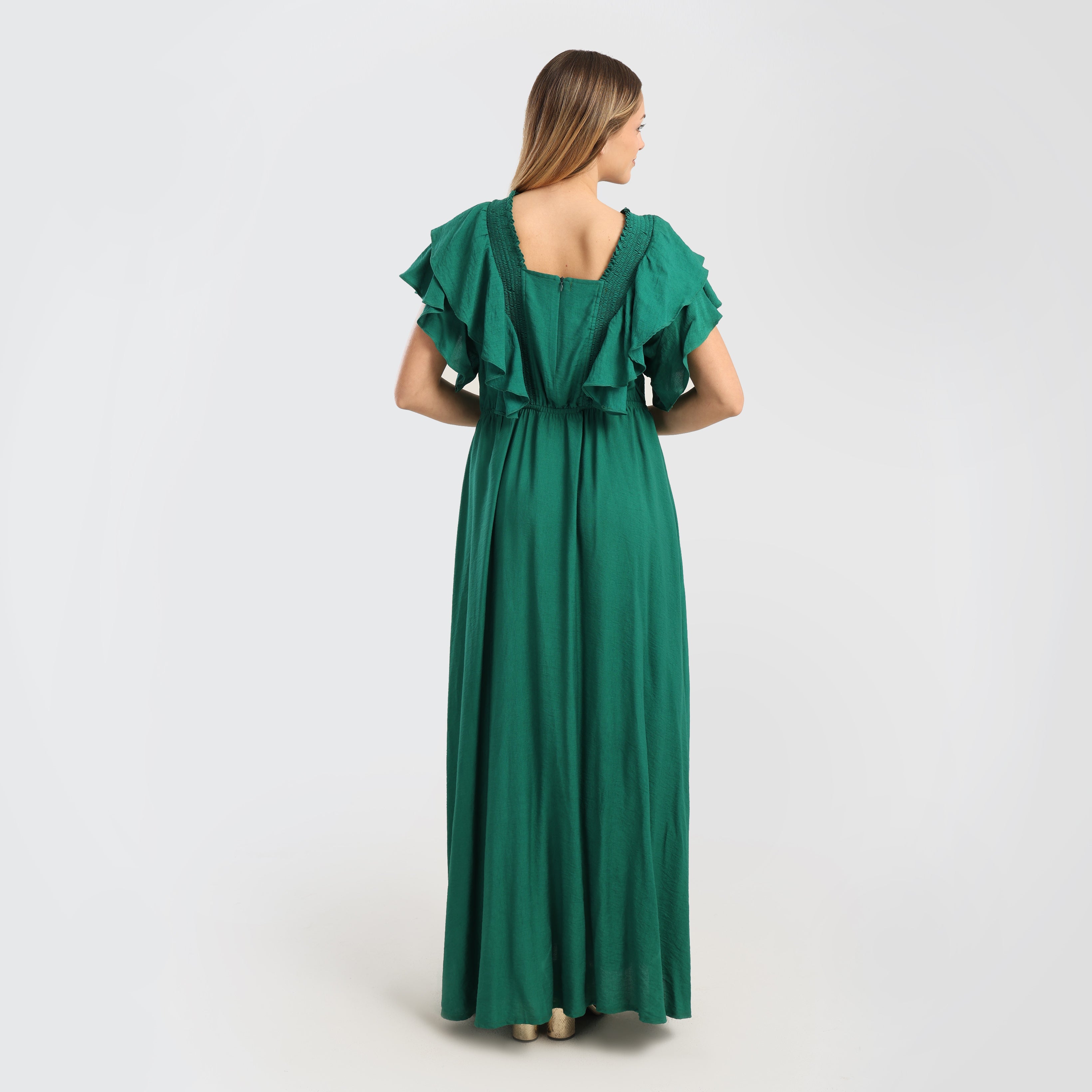 Elegant Emerald Green Ruffled Maxi Dress with Drawstring Waist - Marca Deals - Flavie