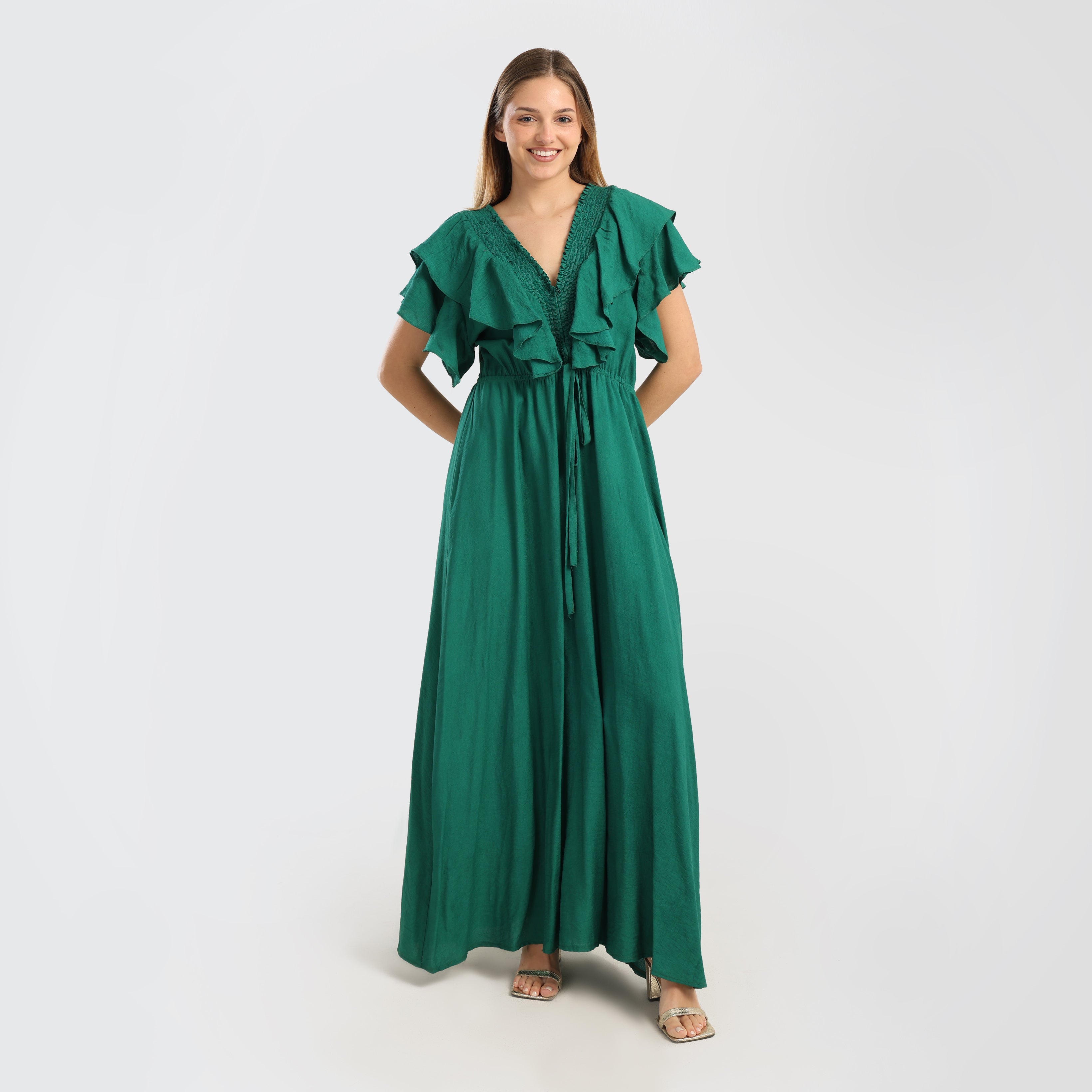 Elegant Emerald Green Ruffled Maxi Dress with Drawstring Waist - Marca Deals - Flavie