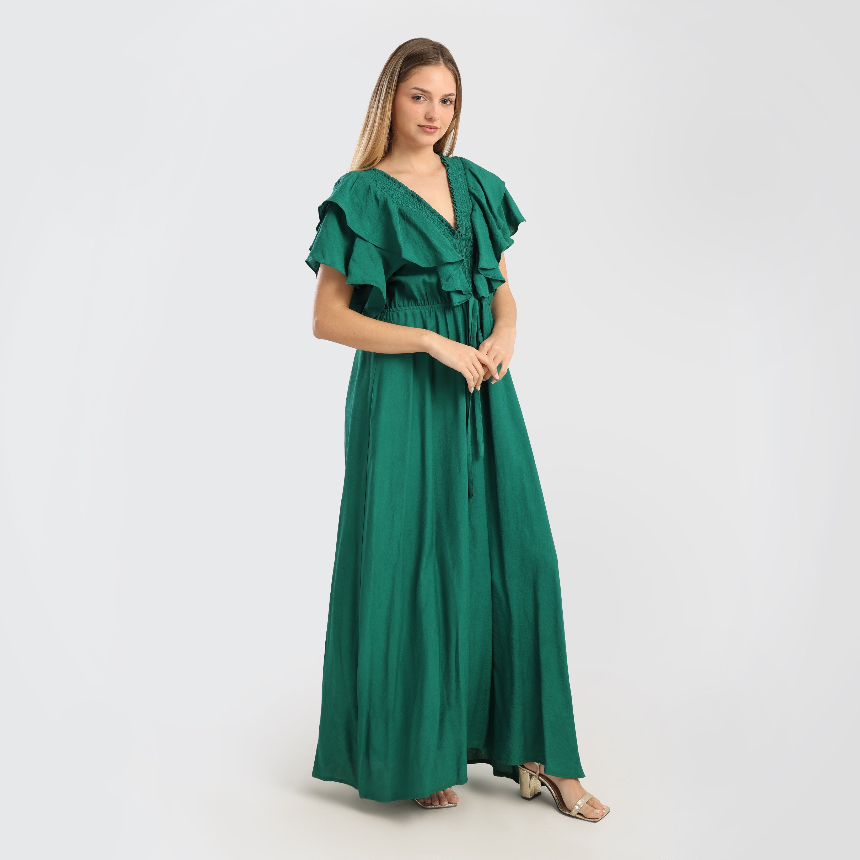 Elegant Emerald Green Ruffled Maxi Dress with Drawstring Waist - Marca Deals - Flavie