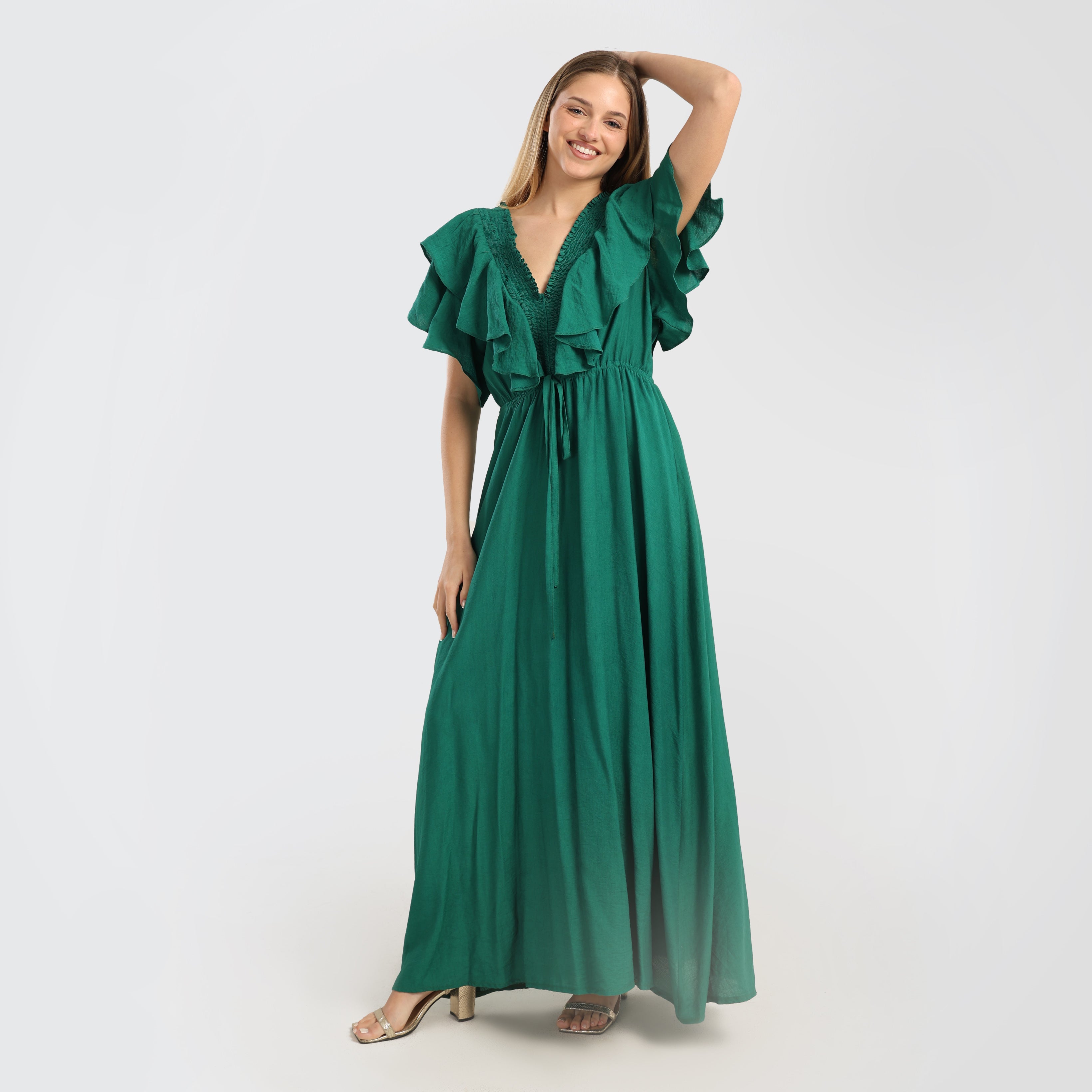 Elegant Emerald Green Ruffled Maxi Dress with Drawstring Waist - Marca Deals - Flavie