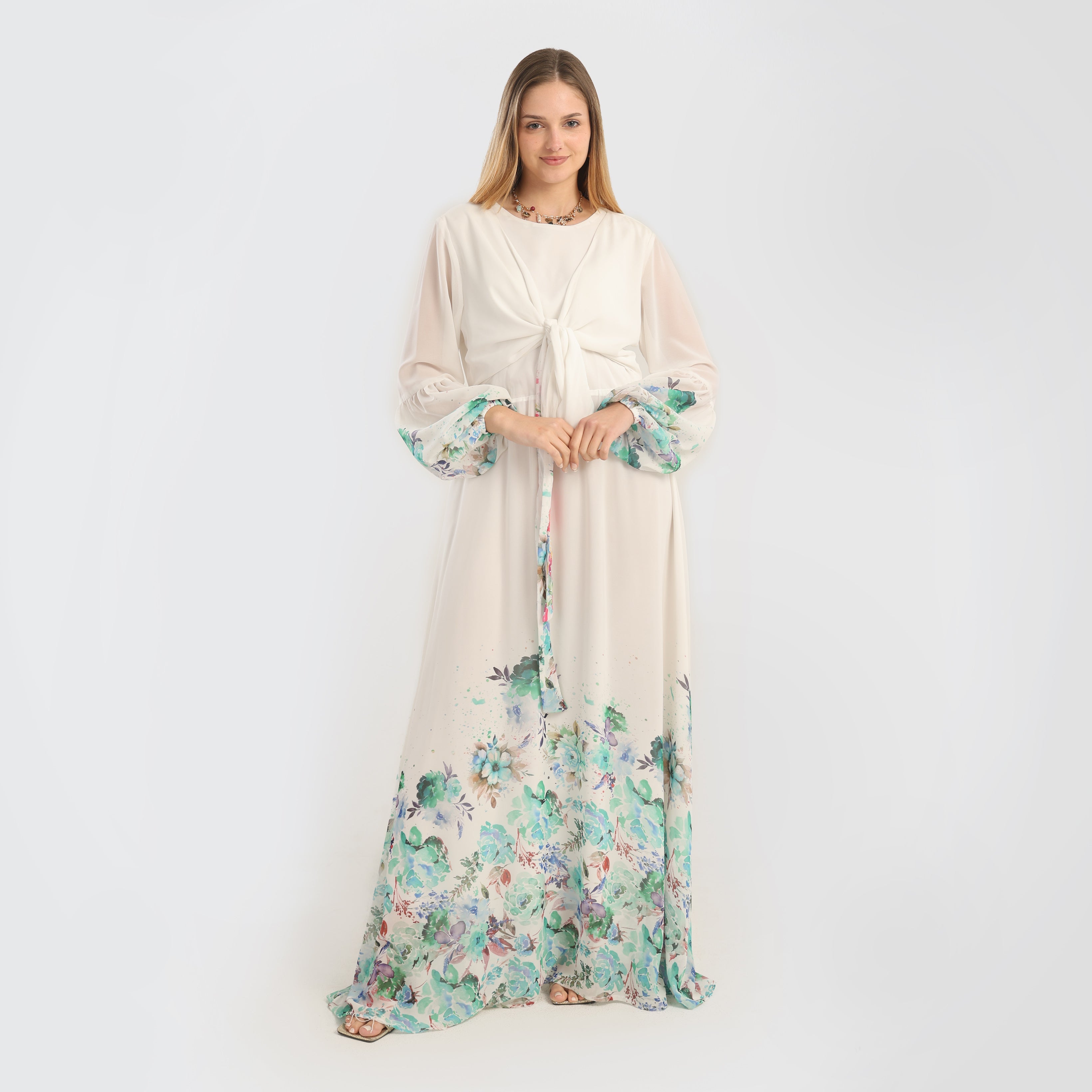 Elegant Floral Print Maxi Dress with Sheer Sleeves & Front Tie – Off - White - Marca Deals - Flavie