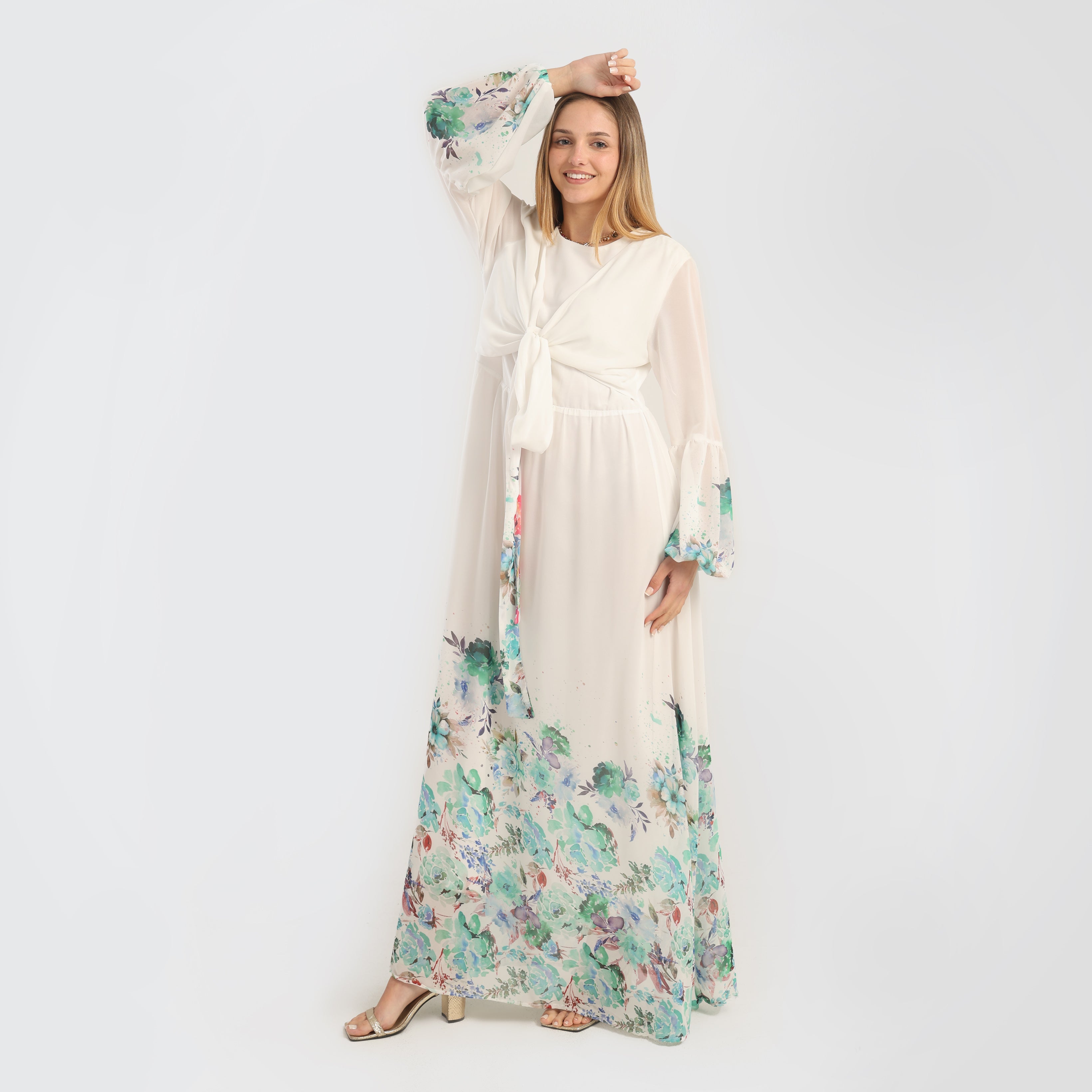 Elegant Floral Print Maxi Dress with Sheer Sleeves & Front Tie – Off - White - Marca Deals - Flavie