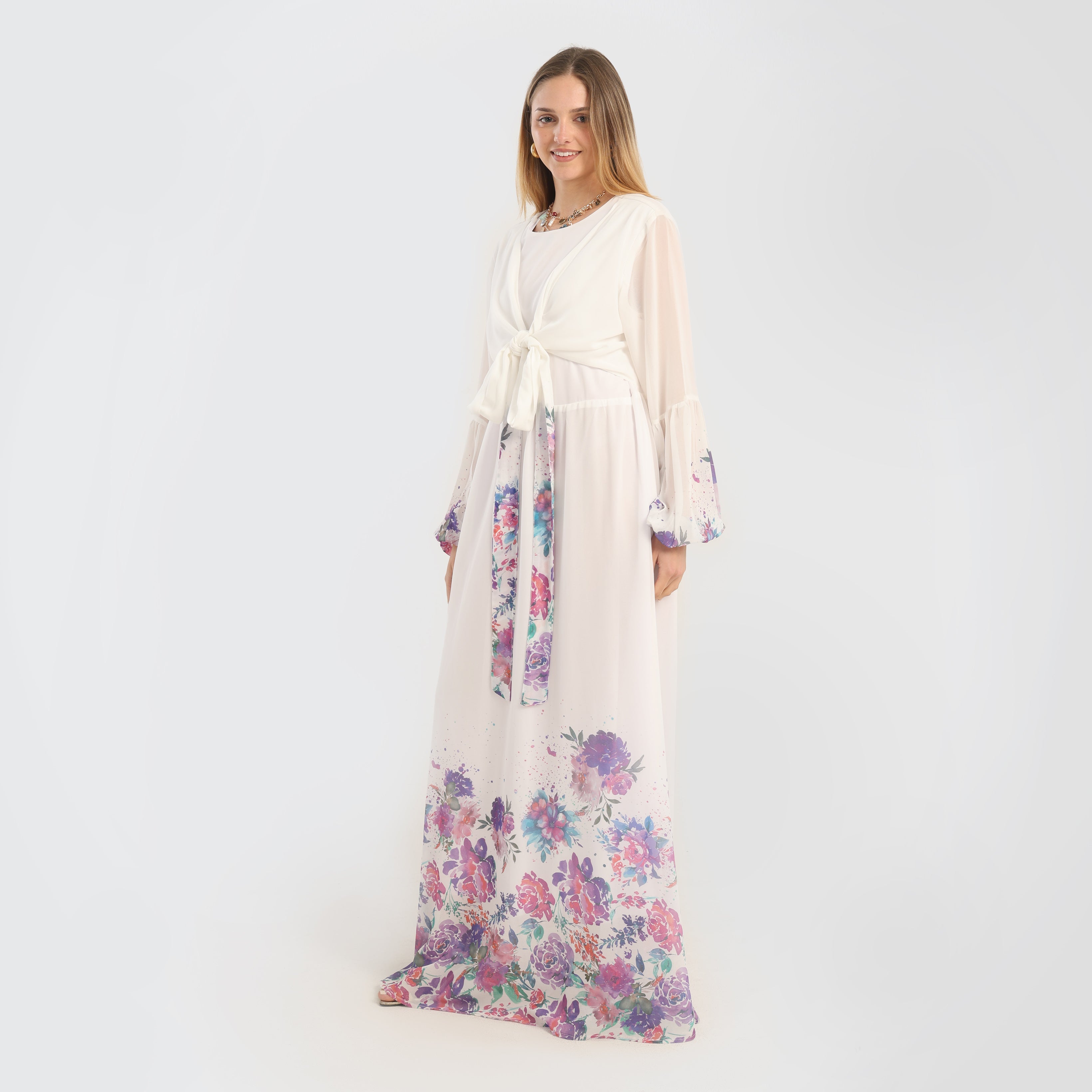 Elegant Floral Print Maxi Dress with Sheer Sleeves & Front Tie – Off - White - Marca Deals - Flavie