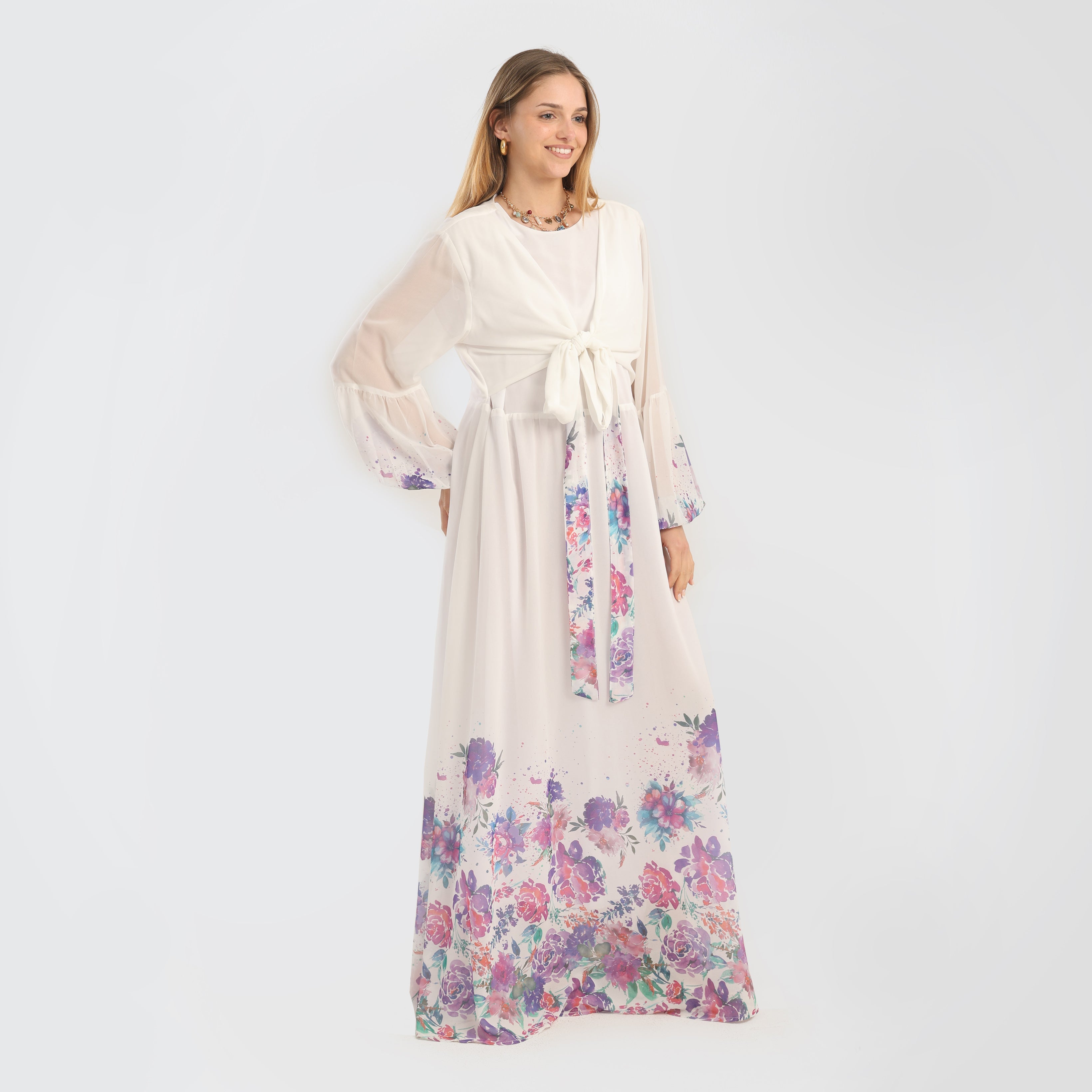 Elegant Floral Print Maxi Dress with Sheer Sleeves & Front Tie – Off - White - Marca Deals - Flavie