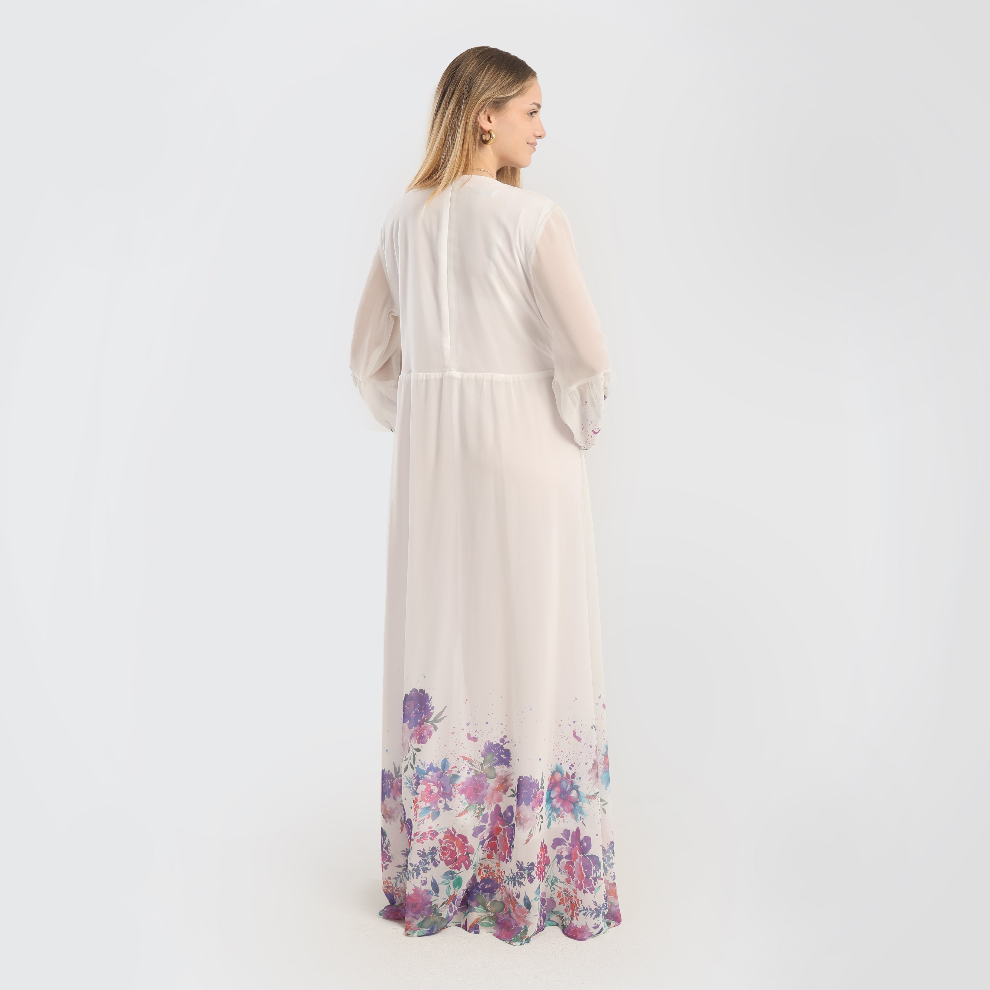 Elegant Floral Print Maxi Dress with Sheer Sleeves & Front Tie – Off - White - Marca Deals - Flavie