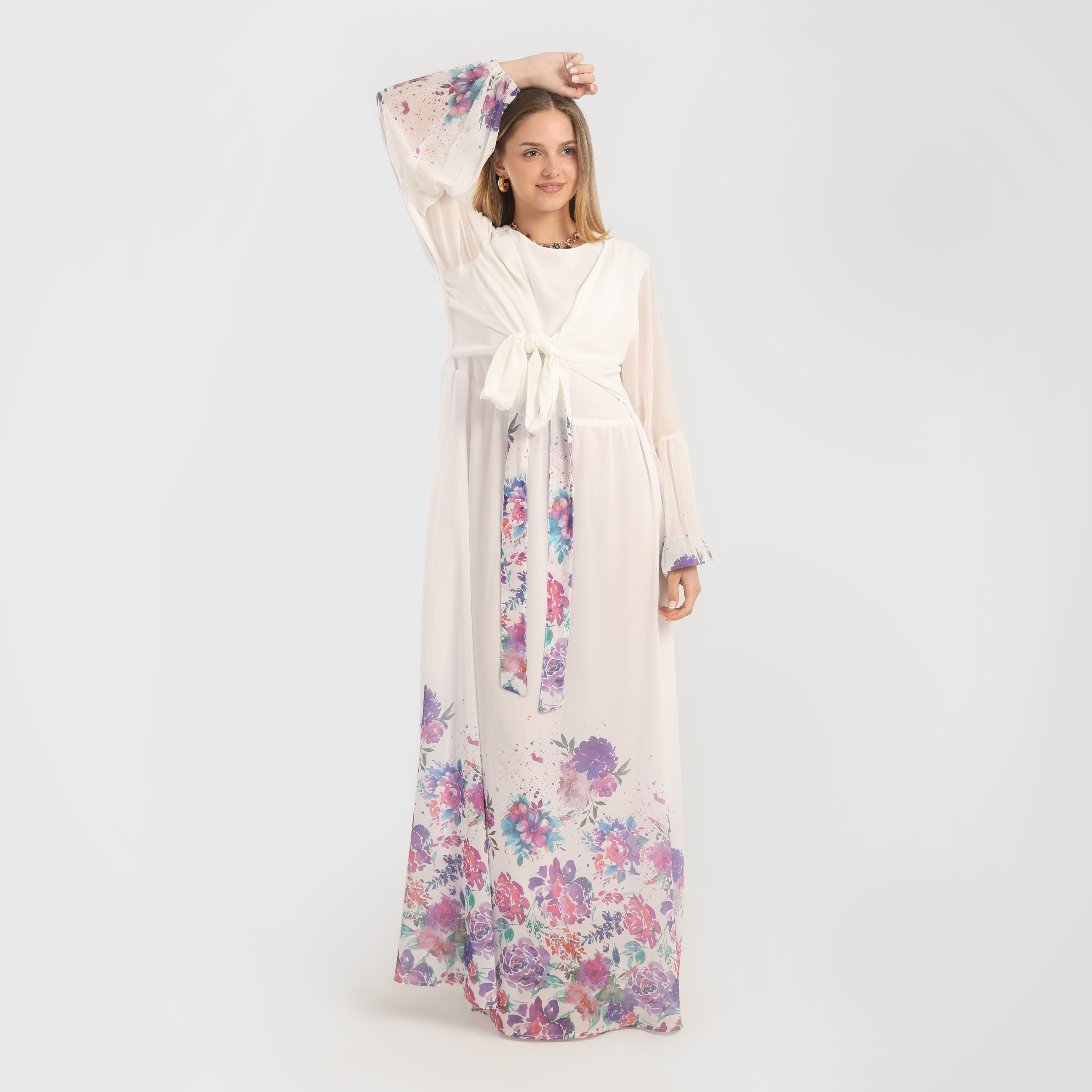 Elegant Floral Print Maxi Dress with Sheer Sleeves & Front Tie – Off - White - Marca Deals - Flavie