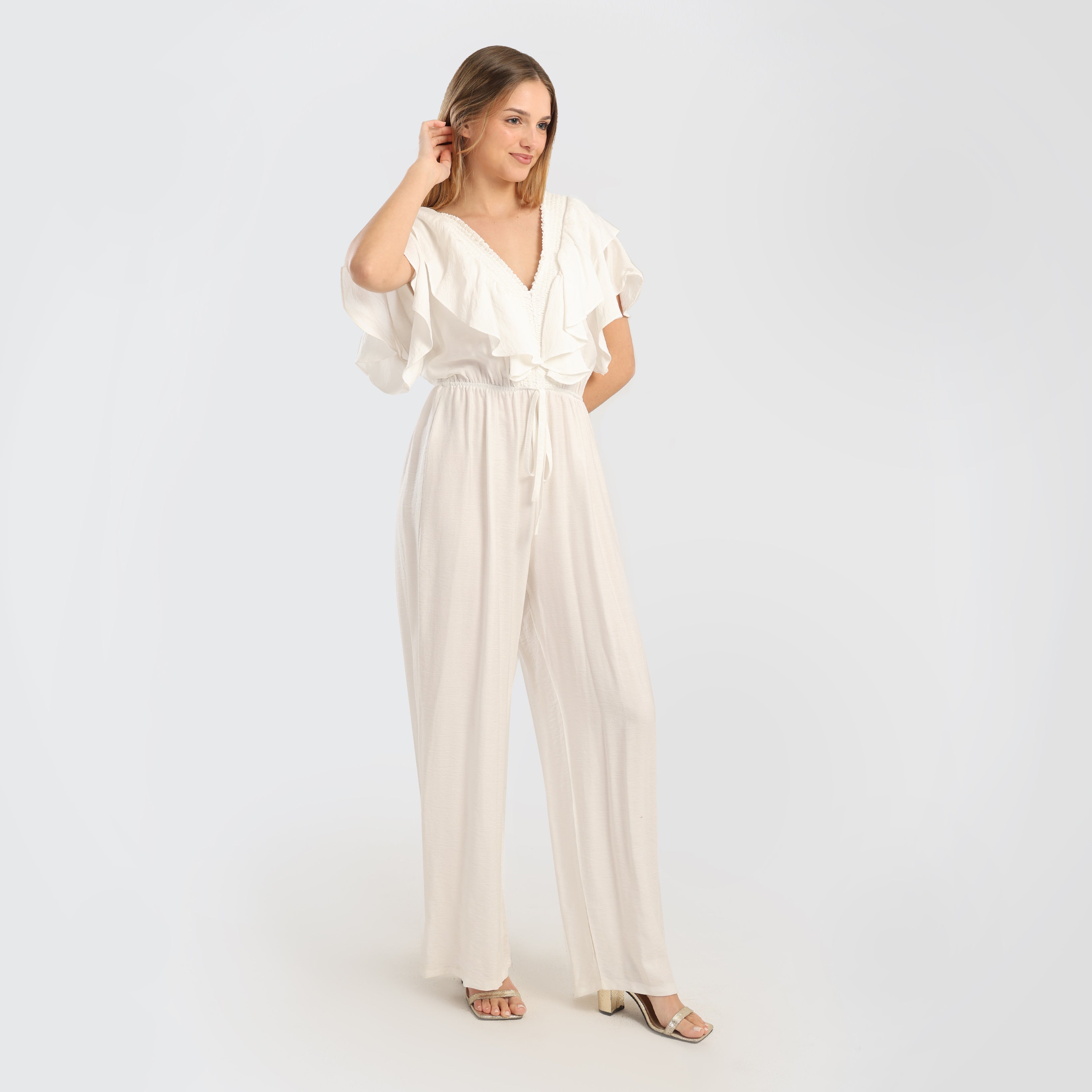 Elegant Green Ruffled Wide - Leg Jumpsuit with Drawstring Waist - Marca Deals - Flavie