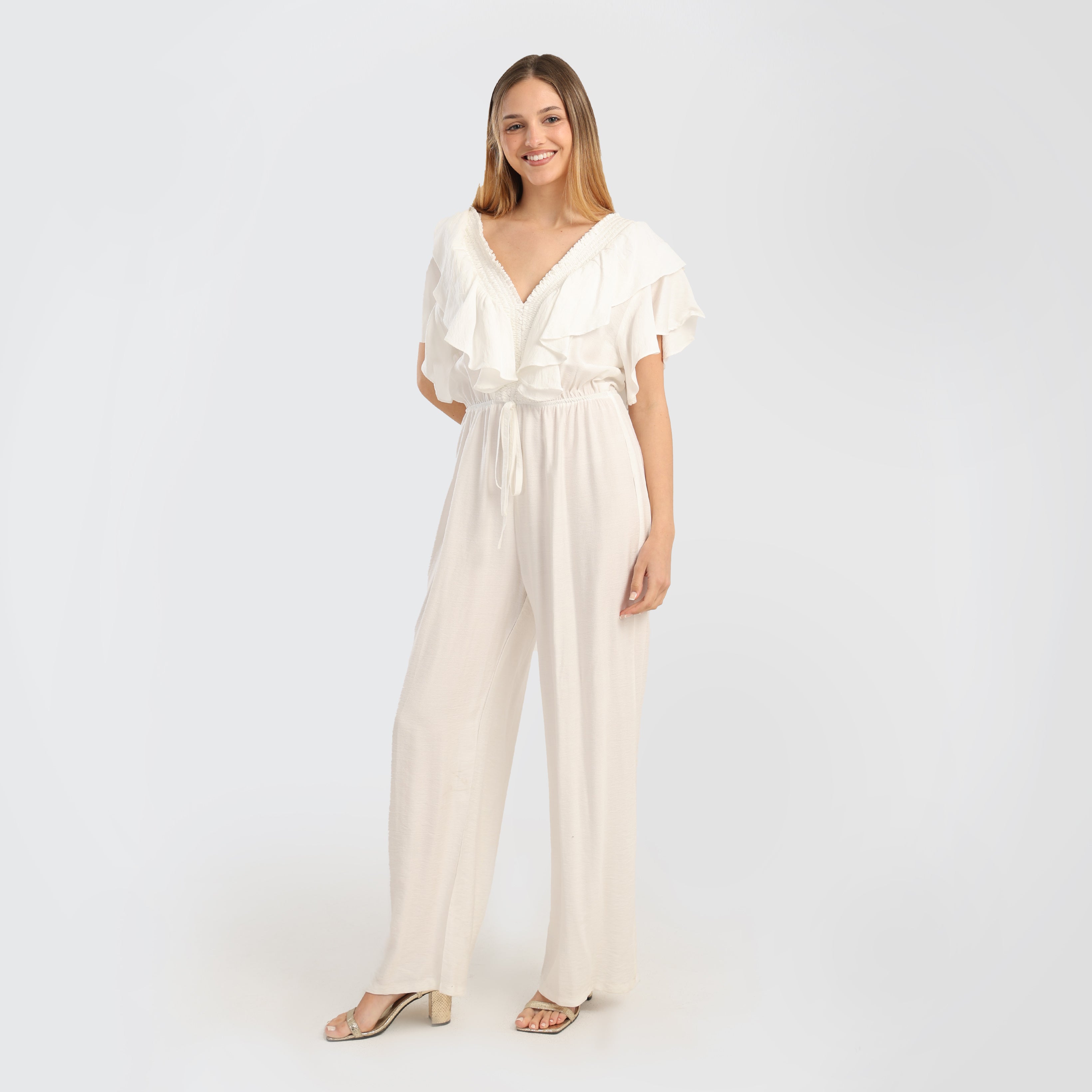 Elegant Green Ruffled Wide - Leg Jumpsuit with Drawstring Waist - Marca Deals - Flavie