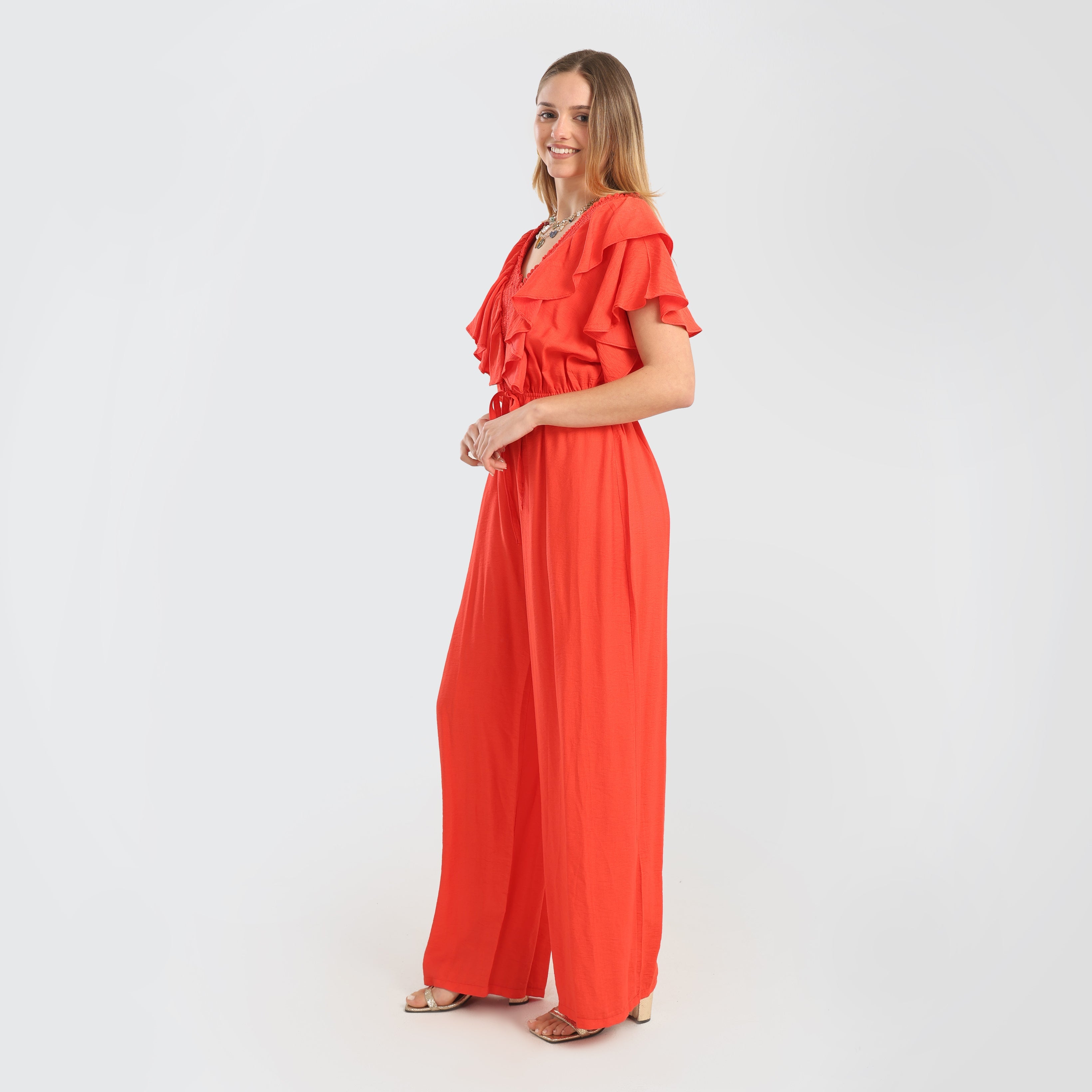 Elegant Green Ruffled Wide - Leg Jumpsuit with Drawstring Waist - Marca Deals - Flavie