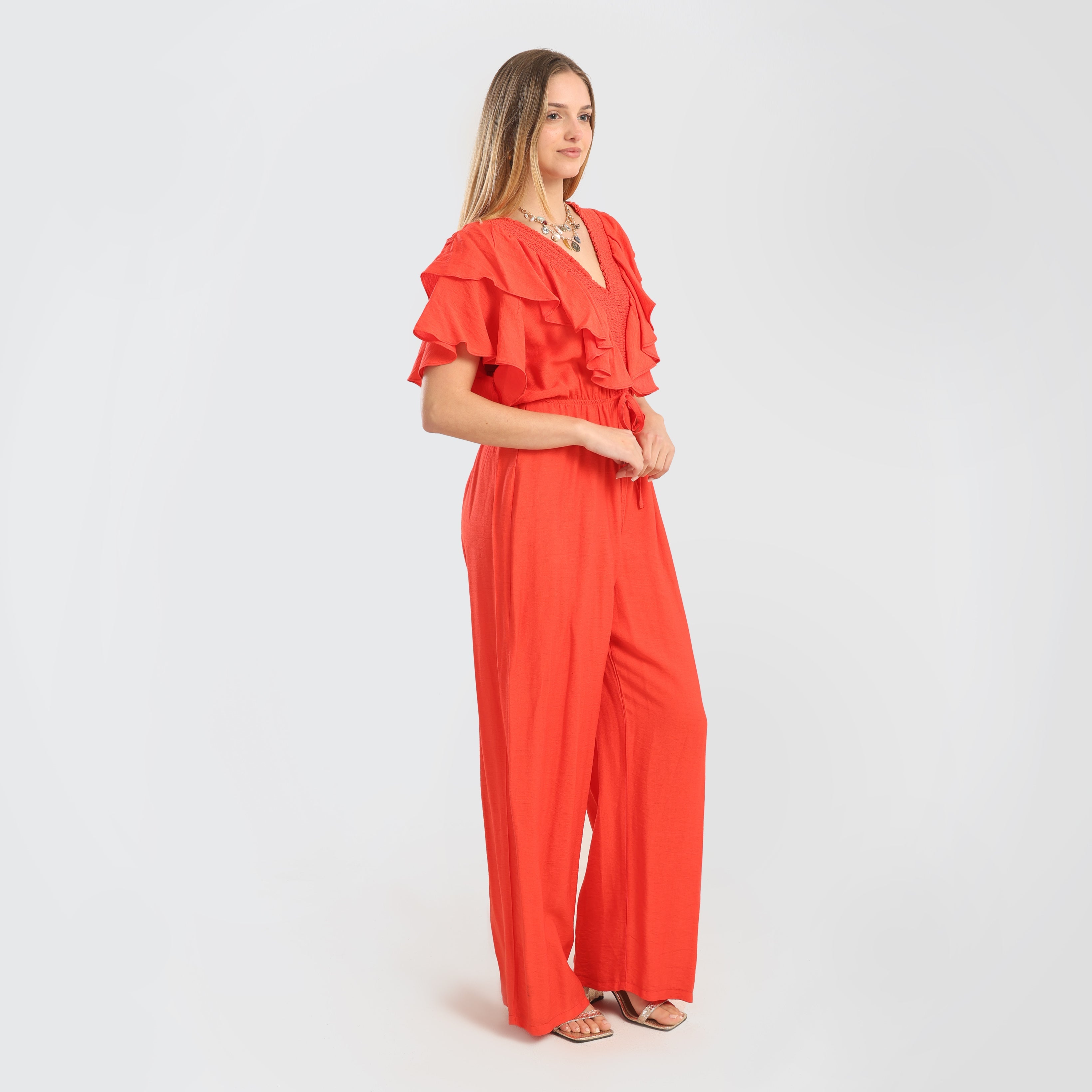 Elegant Green Ruffled Wide - Leg Jumpsuit with Drawstring Waist - Marca Deals - Flavie