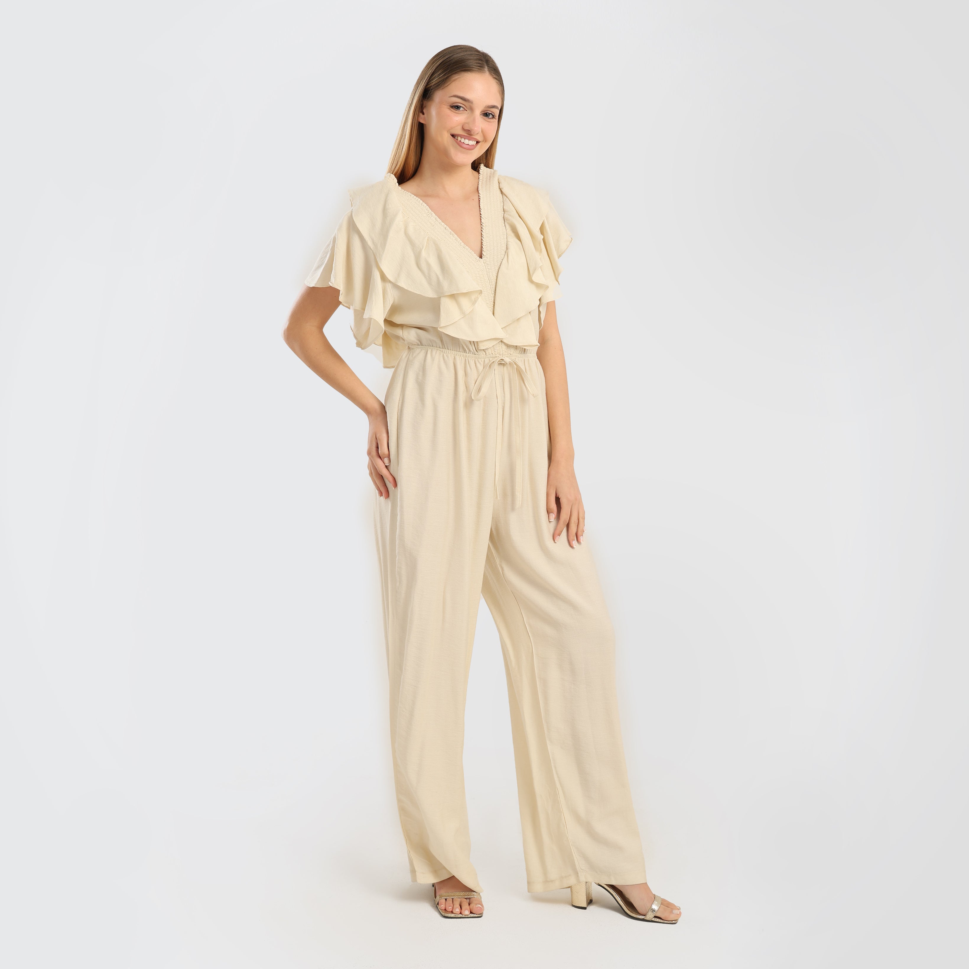 Elegant Green Ruffled Wide - Leg Jumpsuit with Drawstring Waist - Marca Deals - Flavie