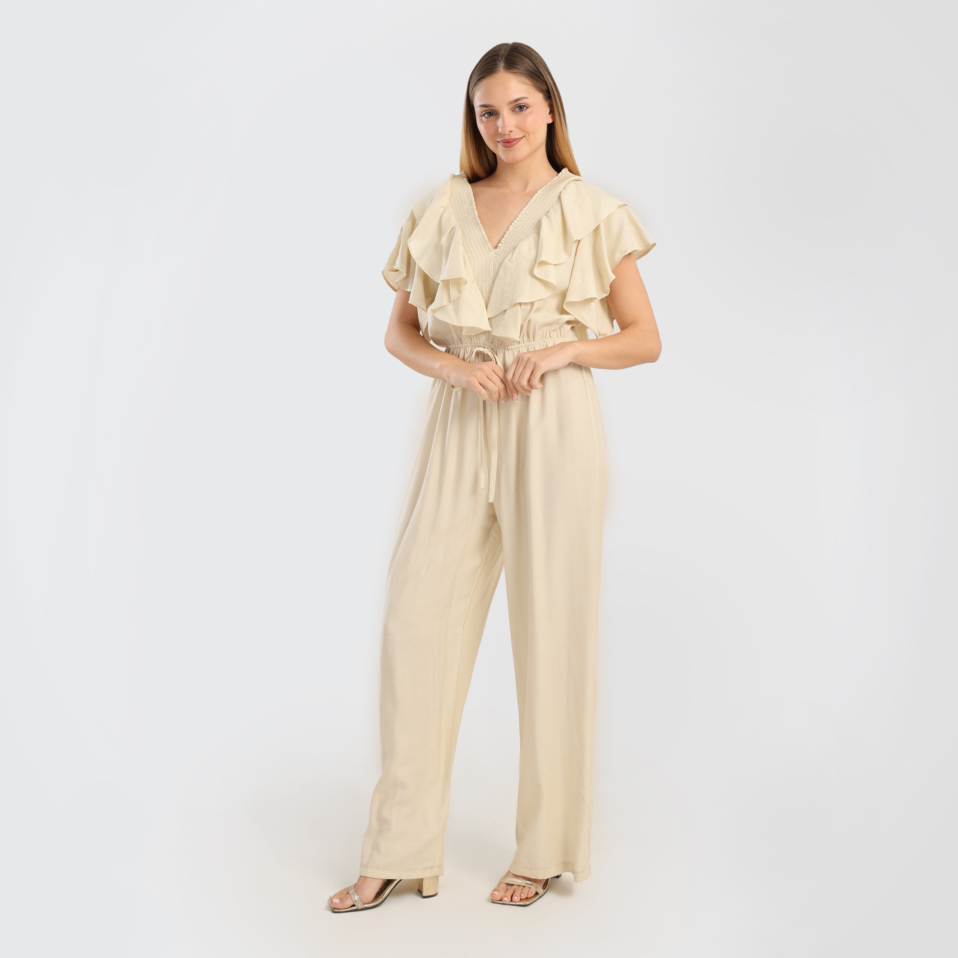 Elegant Green Ruffled Wide - Leg Jumpsuit with Drawstring Waist - Marca Deals - Flavie