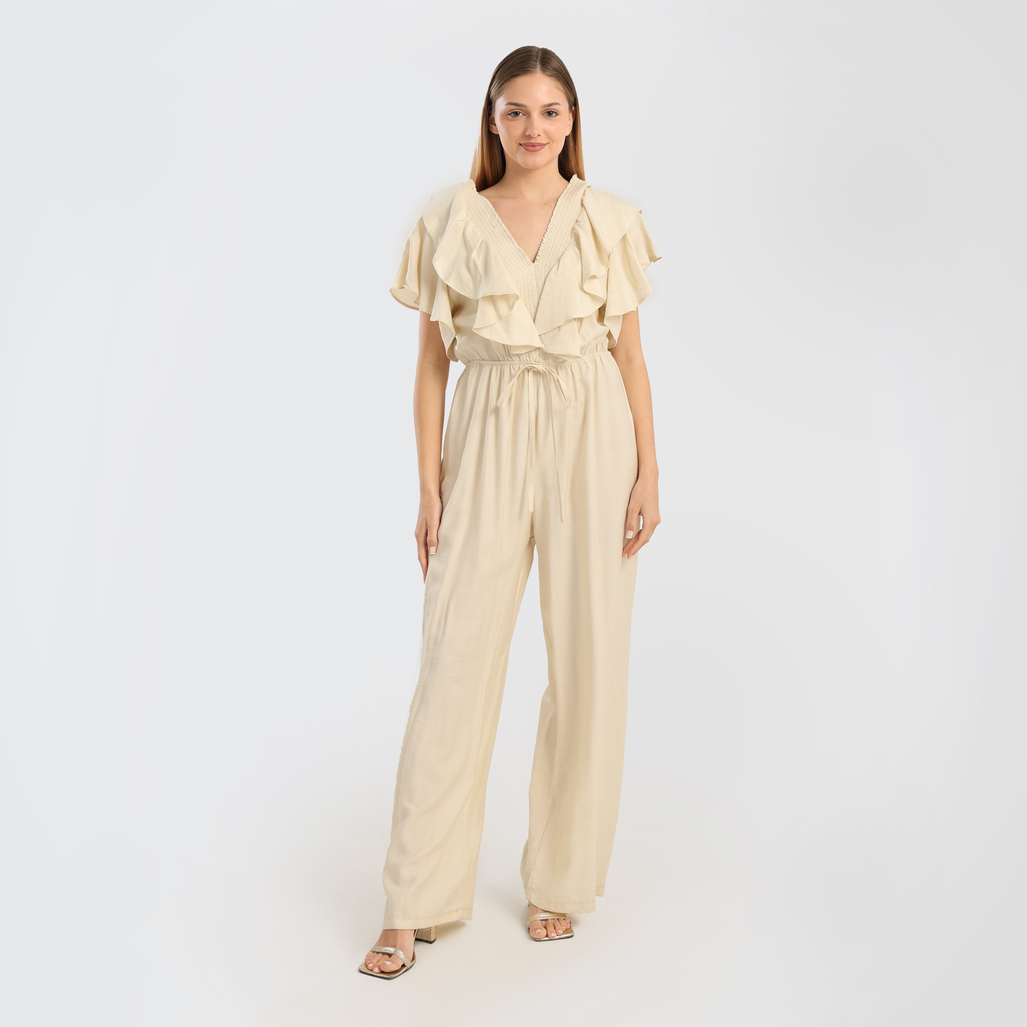 Elegant Green Ruffled Wide - Leg Jumpsuit with Drawstring Waist - Marca Deals - Flavie