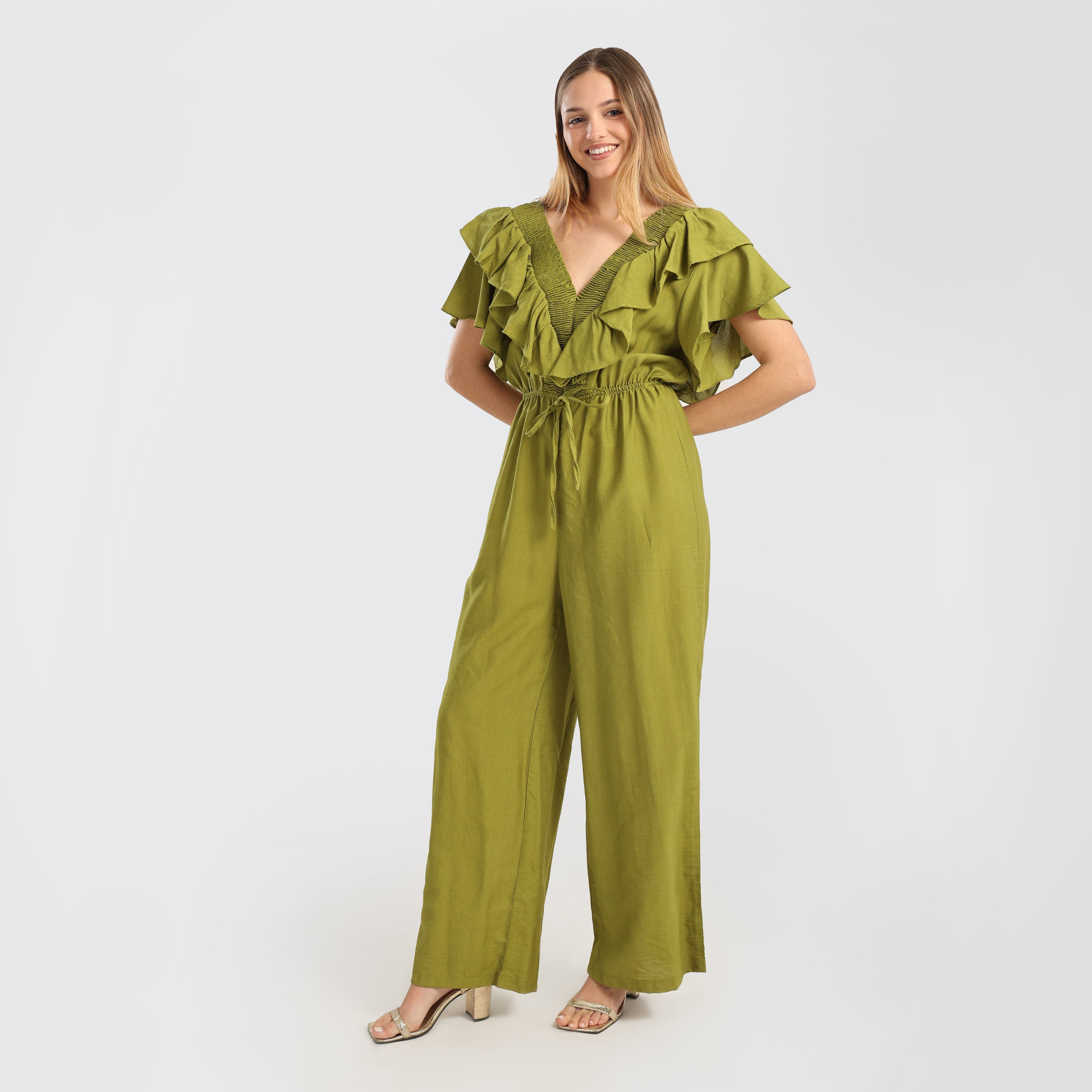 Elegant Green Ruffled Wide - Leg Jumpsuit with Drawstring Waist - Marca Deals - Flavie