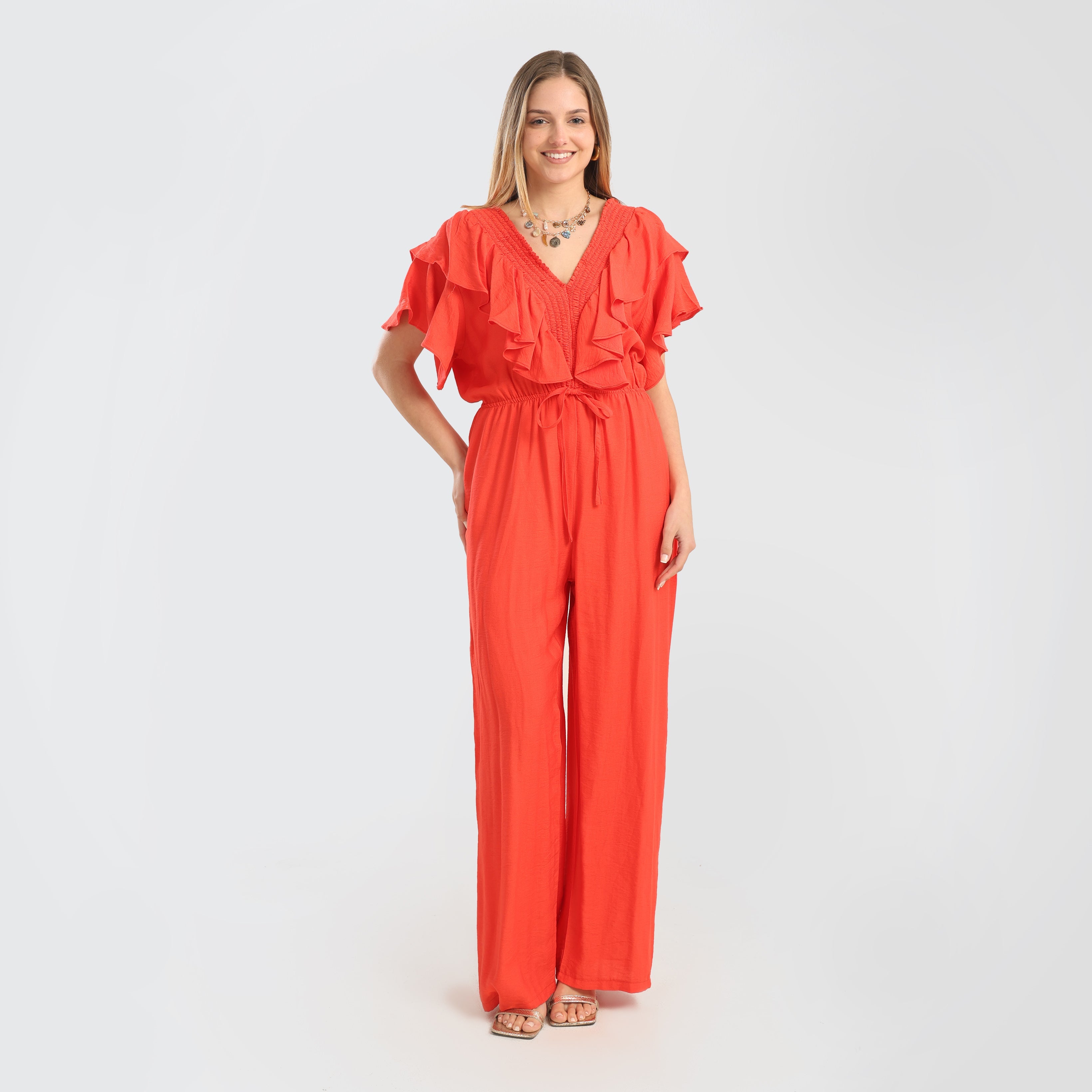 Elegant Green Ruffled Wide - Leg Jumpsuit with Drawstring Waist - Marca Deals - Flavie