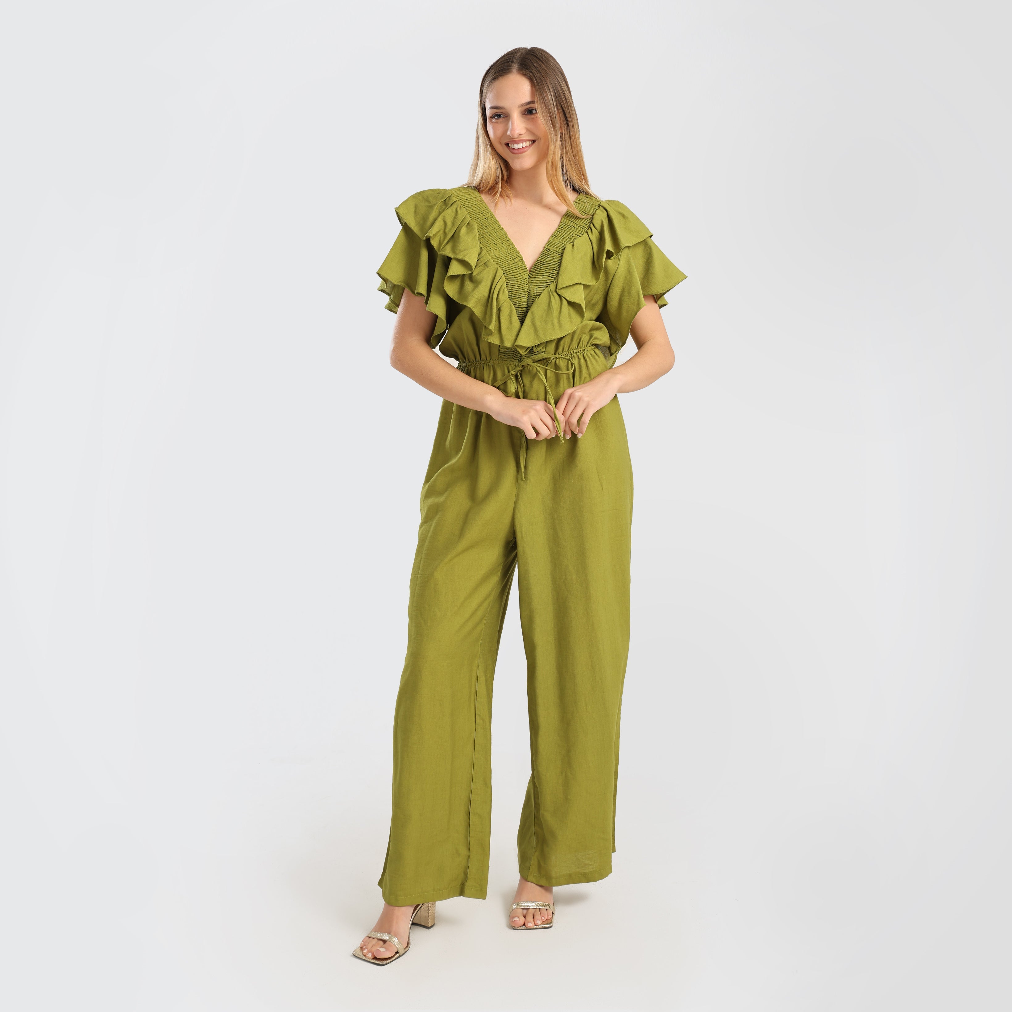 Elegant Green Ruffled Wide - Leg Jumpsuit with Drawstring Waist - Marca Deals - Flavie