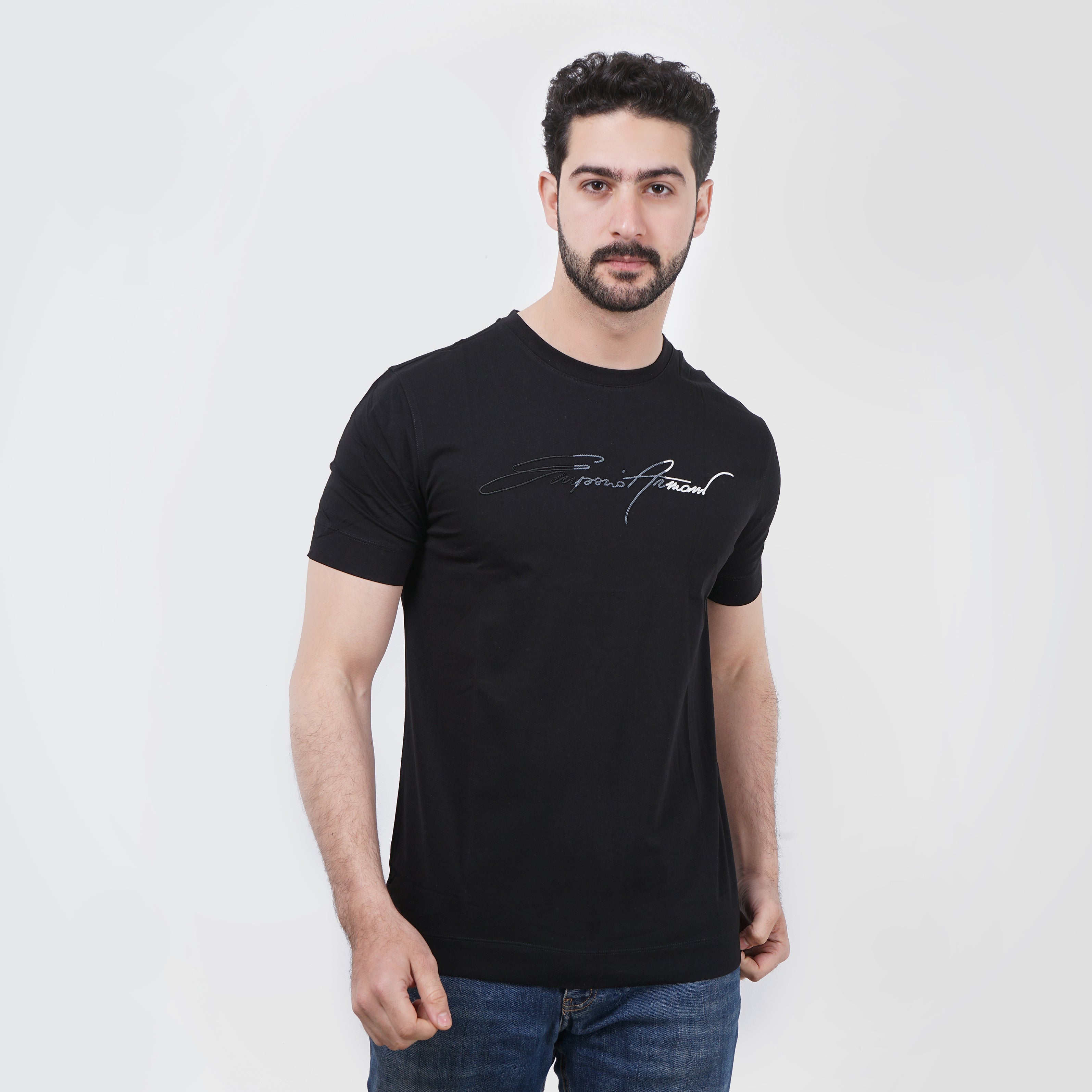 EMPORIO ARMANI NAVY BLUE COTTON LOGO EMBROIDERED T-SHIRT - Marca Deals - Emporio Armani