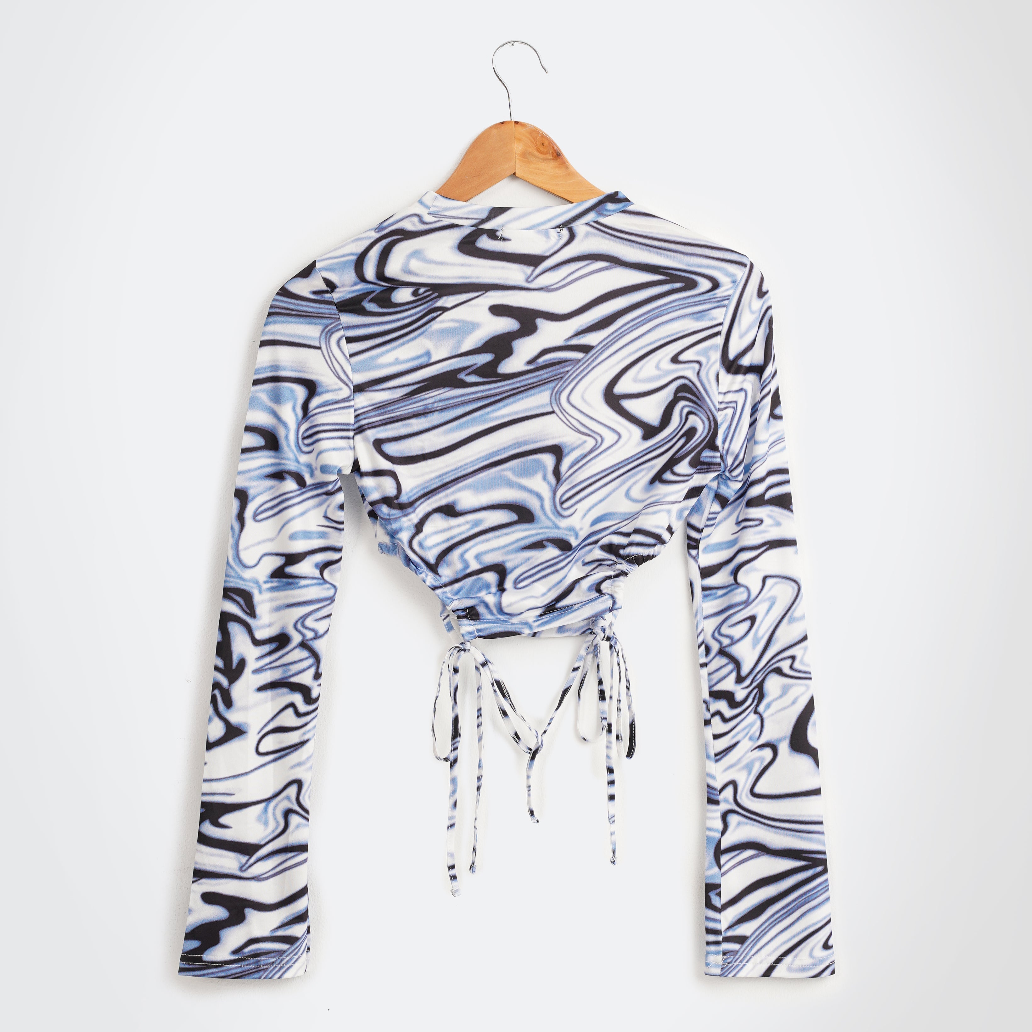 Marble Print Drawstring Cut Out Side Long Sleeve Crop Tee - Marca Deals - Shein