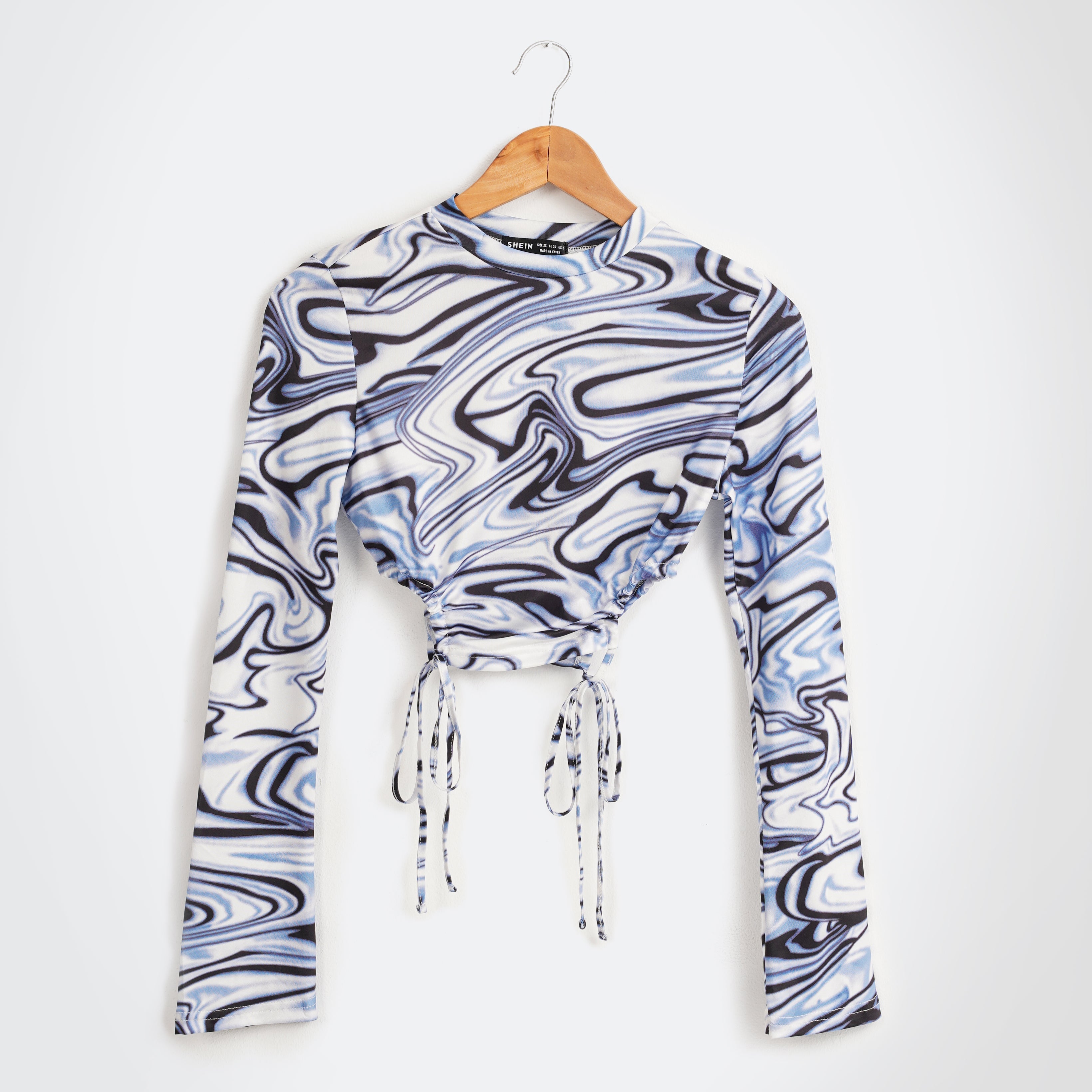 Marble Print Drawstring Cut Out Side Long Sleeve Crop Tee - Marca Deals - Shein