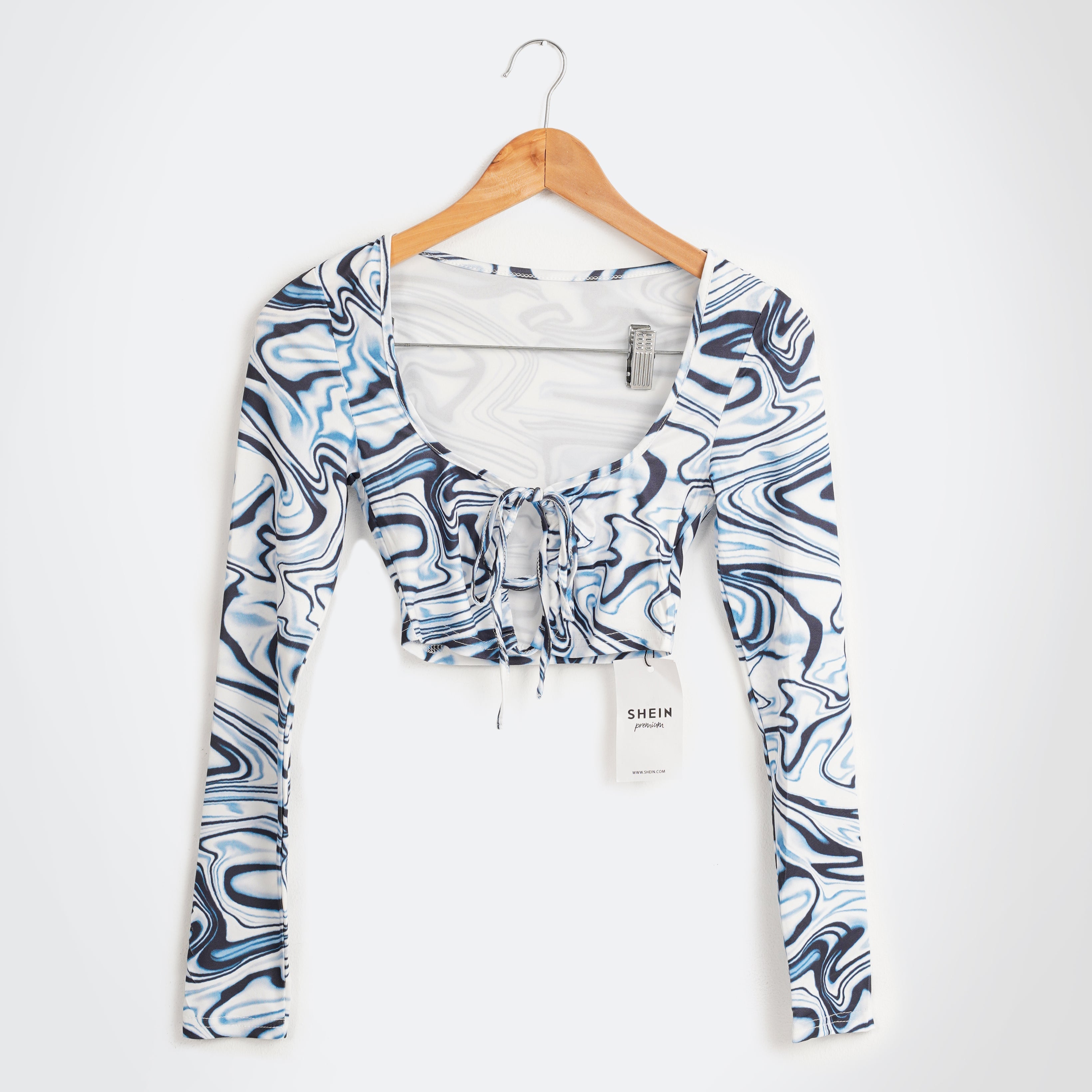 Marble Print Drawstring Front Long Sleeve - Marca Deals - Shein