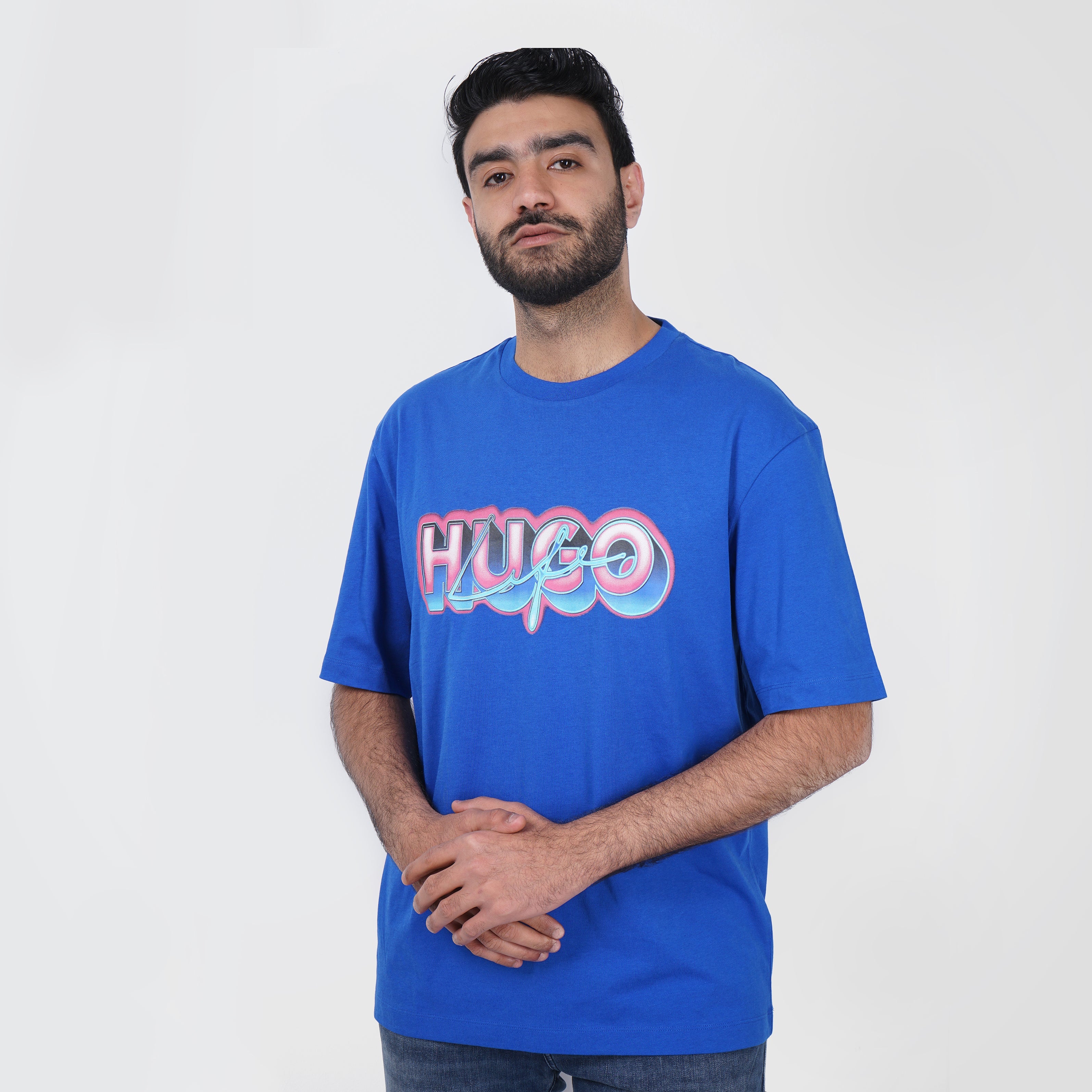 Original HUGO BOSS Blue T-Shirt with Colorful Logo - Marca Deals - Hugo Boss