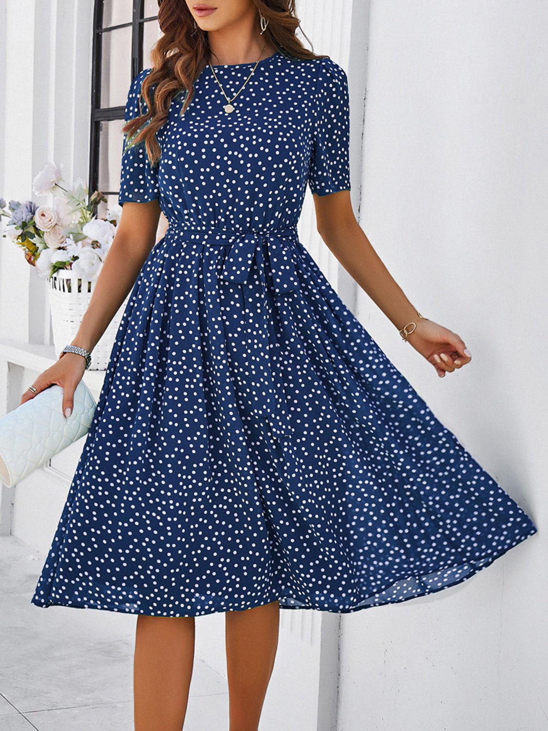 Printed Round Neck Short Sleeve Dress (Pre Order) - Marca Deals - Trendsi