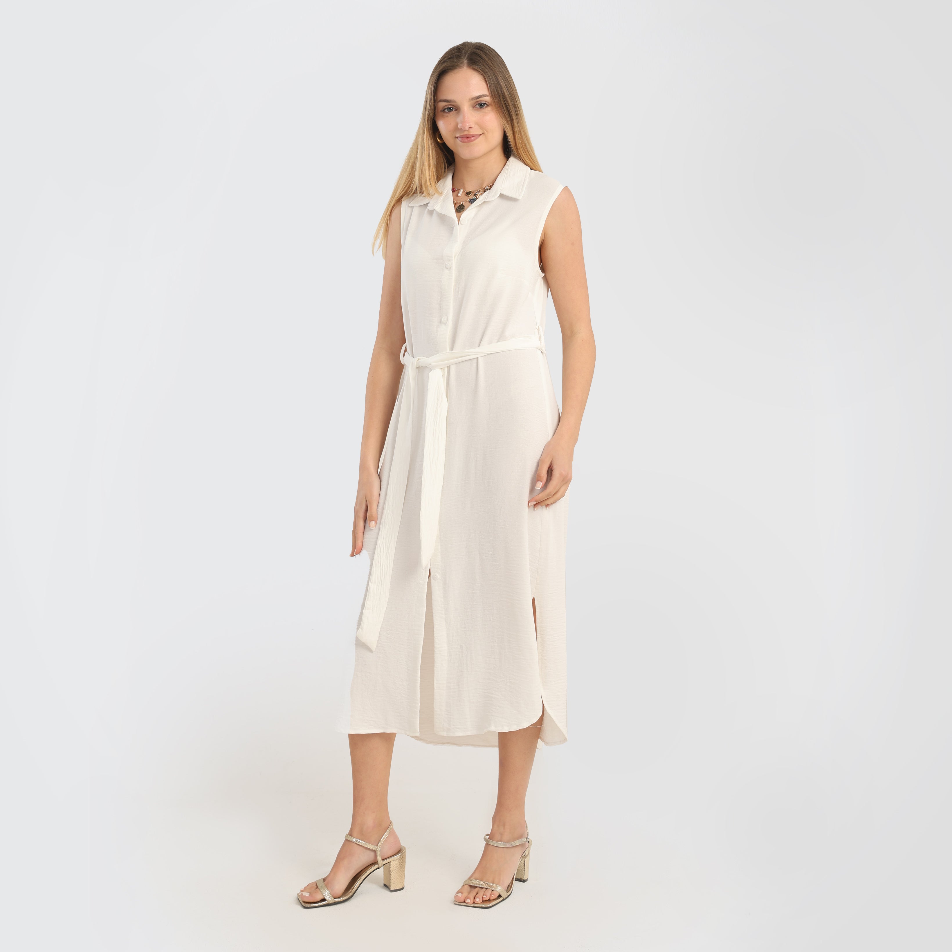 Sleeveless Button - Down Midi Dress with Waist Tie - Marca Deals - Flavie