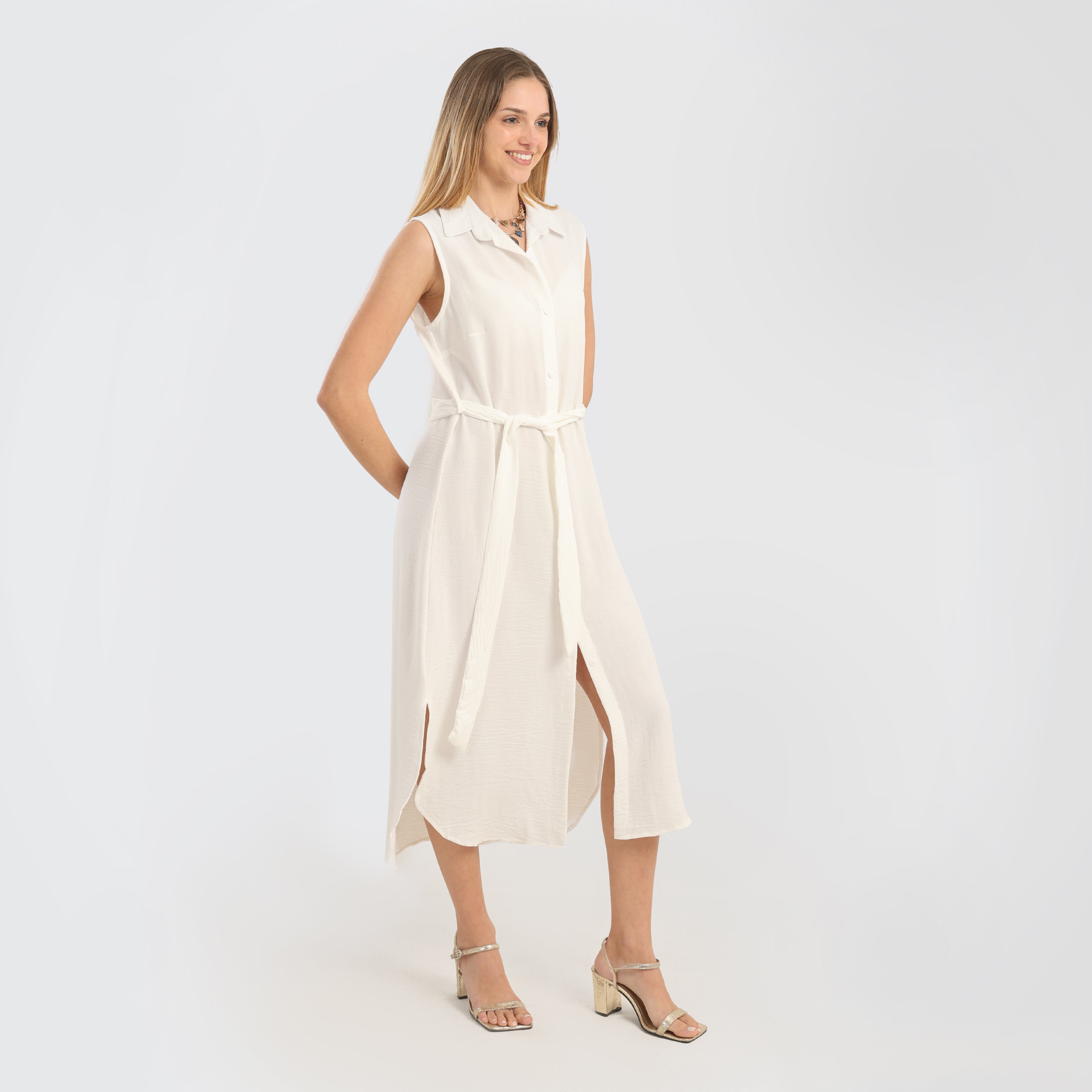 Sleeveless Button - Down Midi Dress with Waist Tie - Marca Deals - Flavie