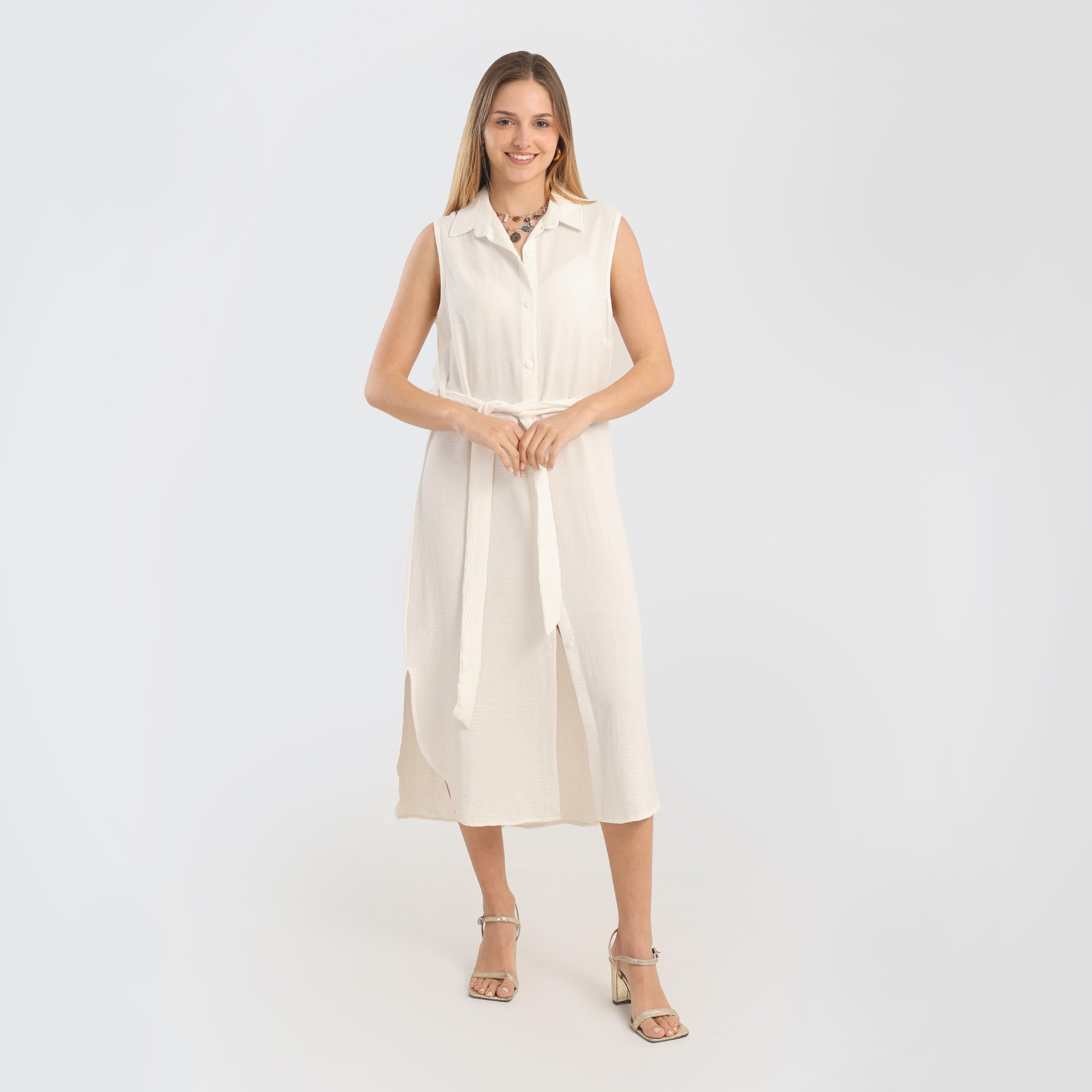 Sleeveless Button - Down Midi Dress with Waist Tie - Marca Deals - Flavie