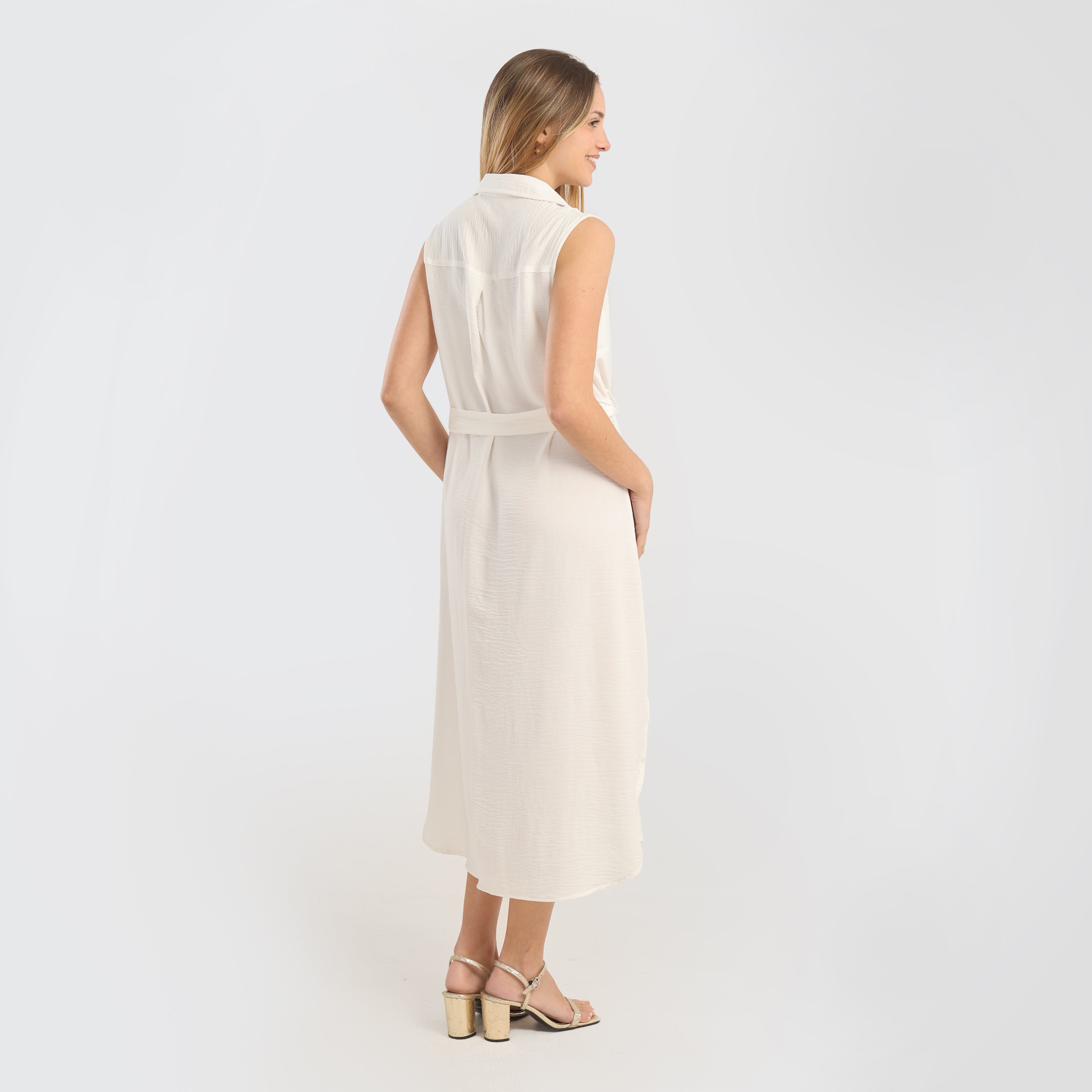 Sleeveless Button - Down Midi Dress with Waist Tie - Marca Deals - Flavie