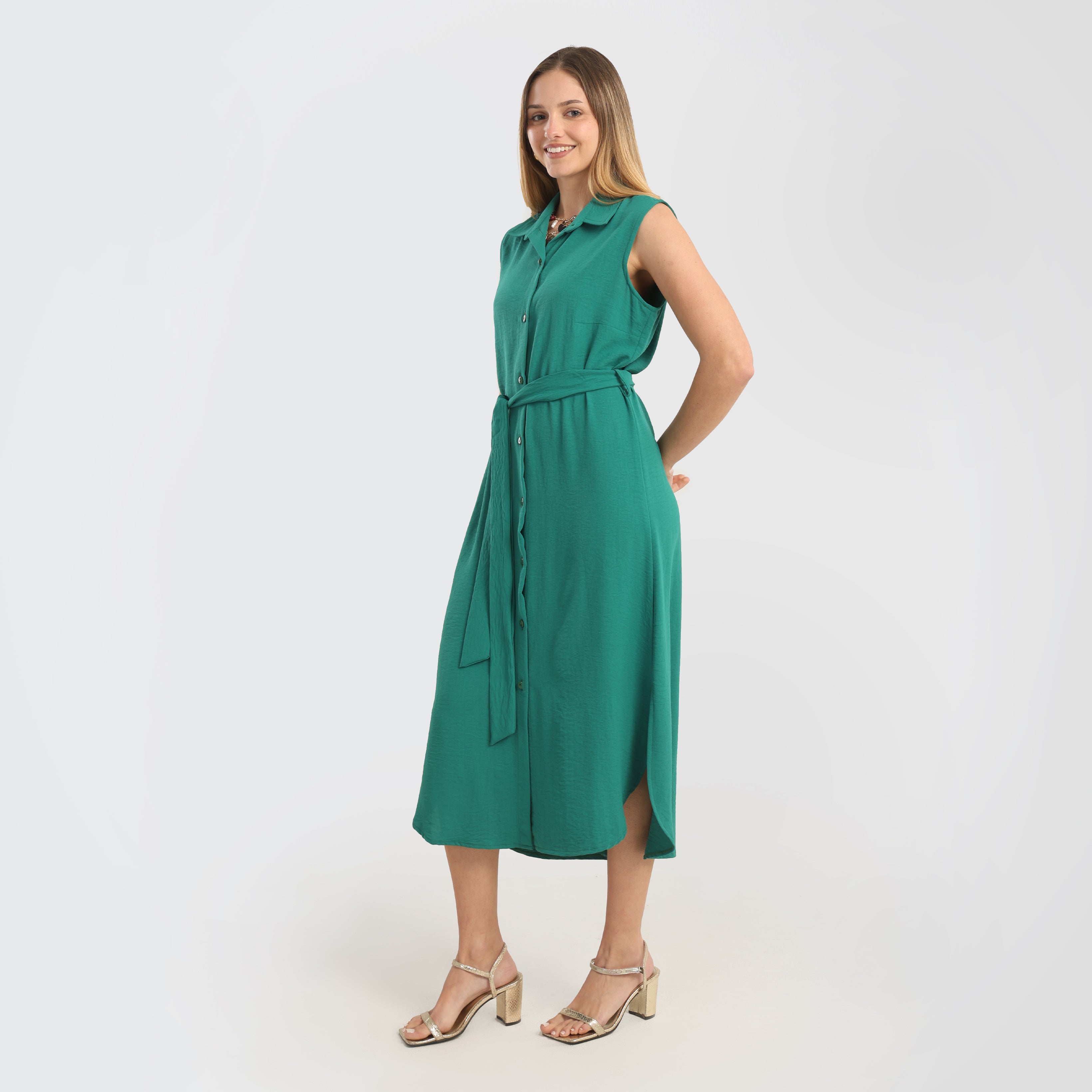 Sleeveless Button - Down Midi Dress with Waist Tie – Emerald Green - Marca Deals - Flavie