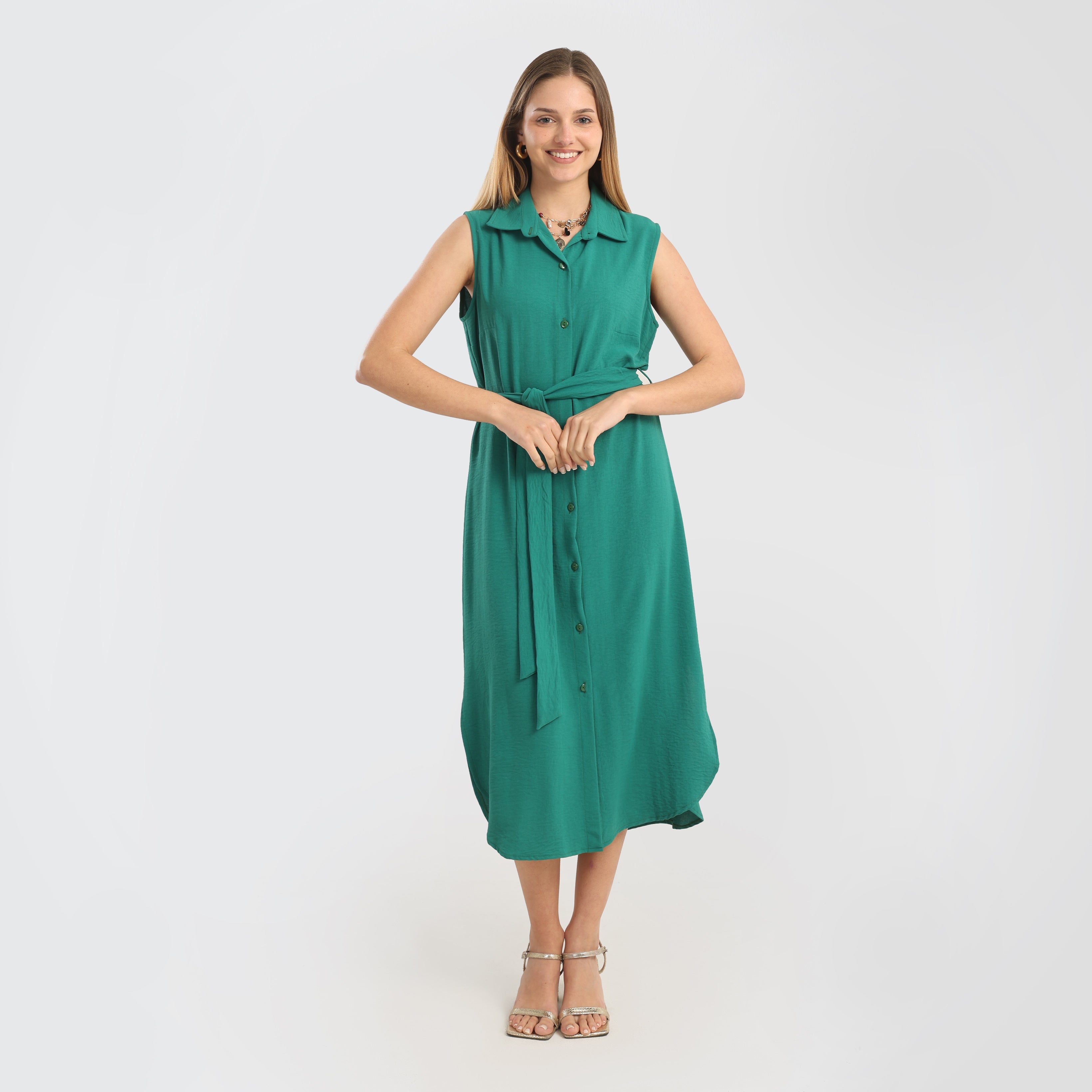 Sleeveless Button - Down Midi Dress with Waist Tie – Emerald Green - Marca Deals - Flavie