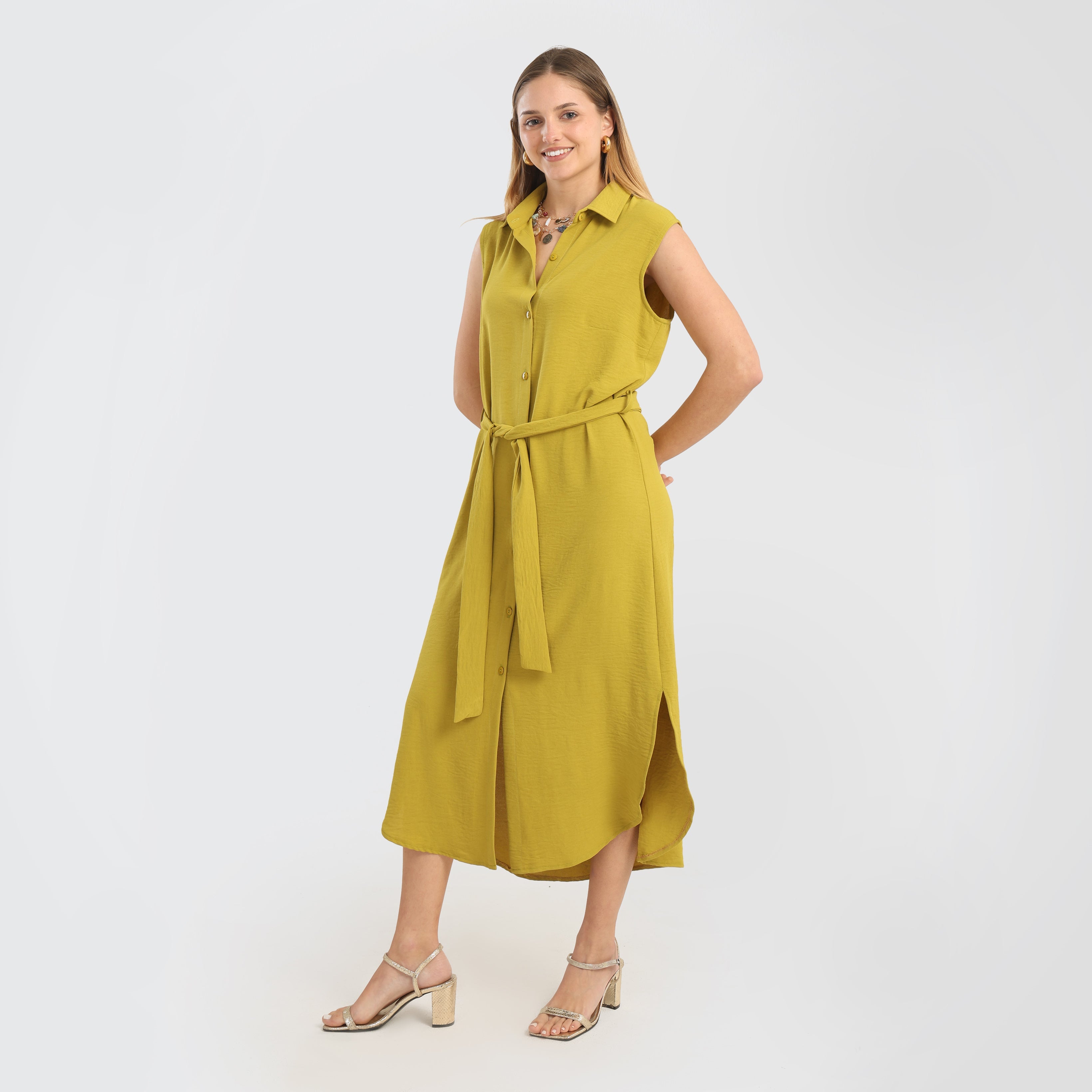 Sleeveless Button - Down Midi Dress with Waist Tie – Mustard Yellow - Marca Deals - Flavie