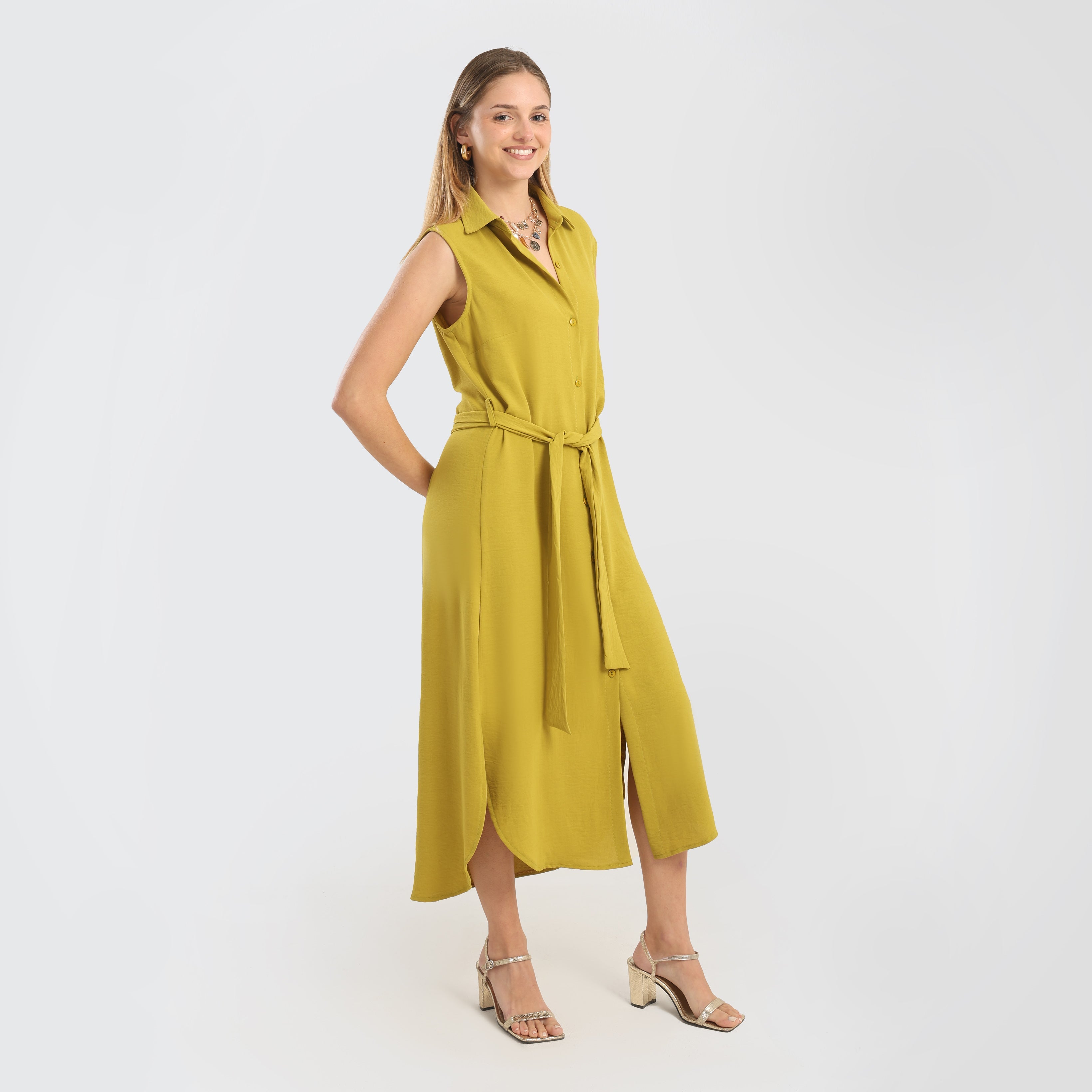 Sleeveless Button - Down Midi Dress with Waist Tie – Mustard Yellow - Marca Deals - Flavie