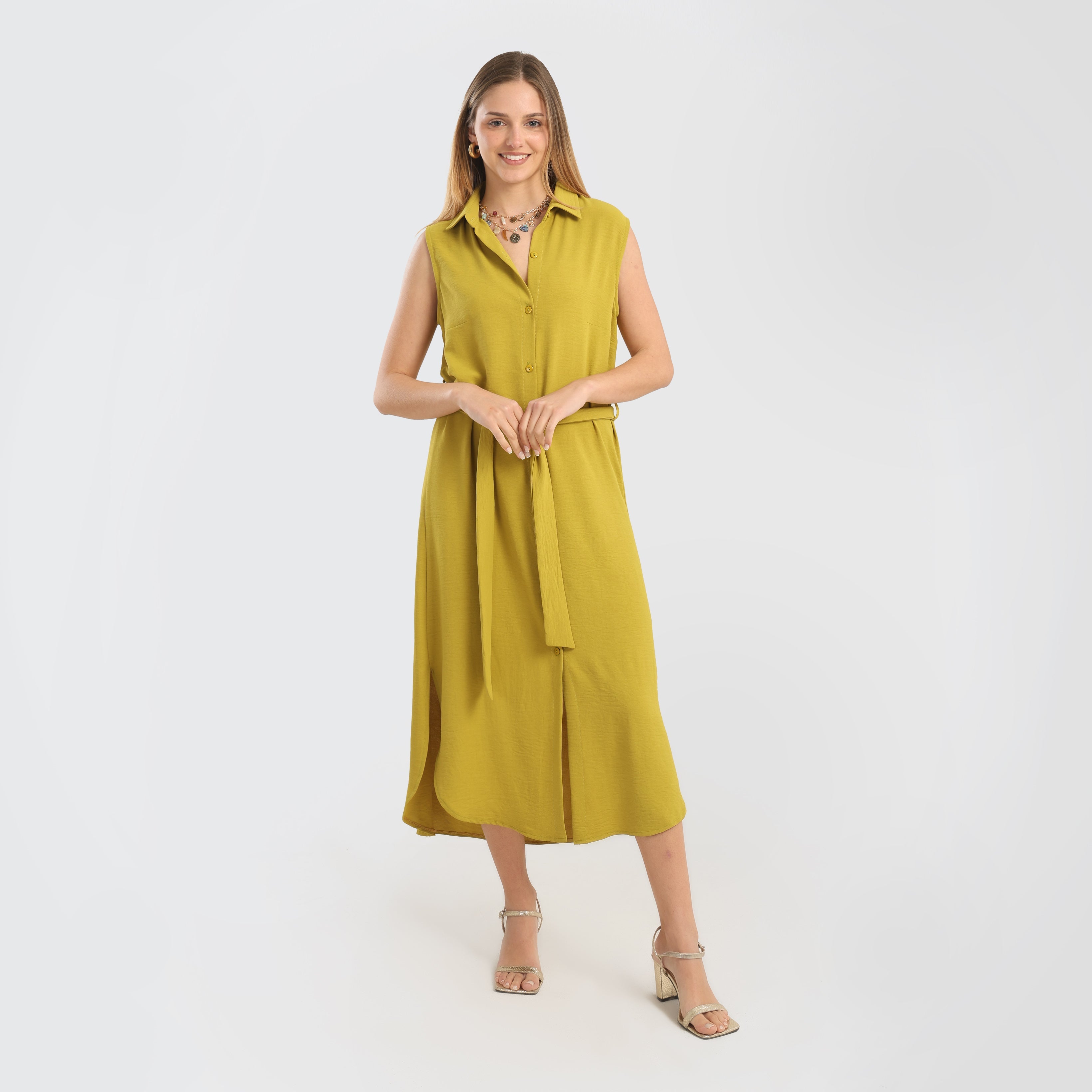 Sleeveless Button - Down Midi Dress with Waist Tie – Mustard Yellow - Marca Deals - Flavie