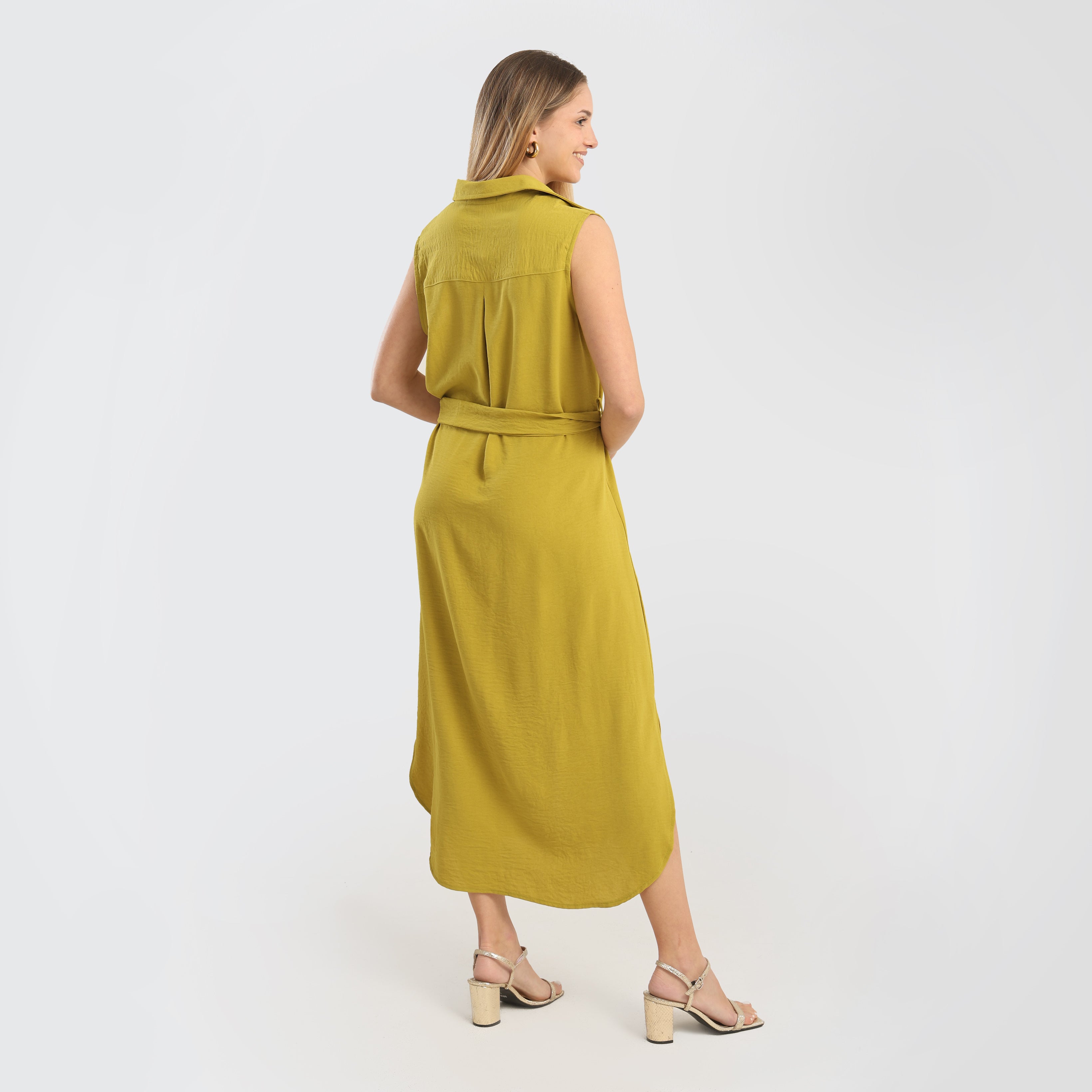 Sleeveless Button - Down Midi Dress with Waist Tie – Mustard Yellow - Marca Deals - Flavie