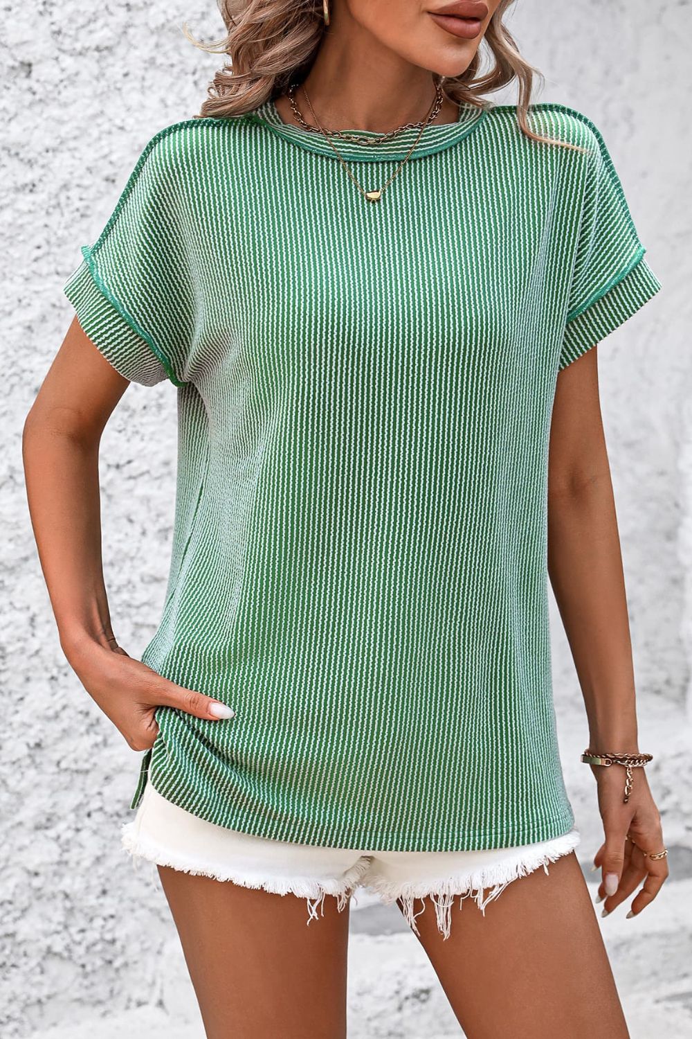Striped Round Neck Short Sleeve T-Shirt (Pre Order) - Marca Deals - Trendsi