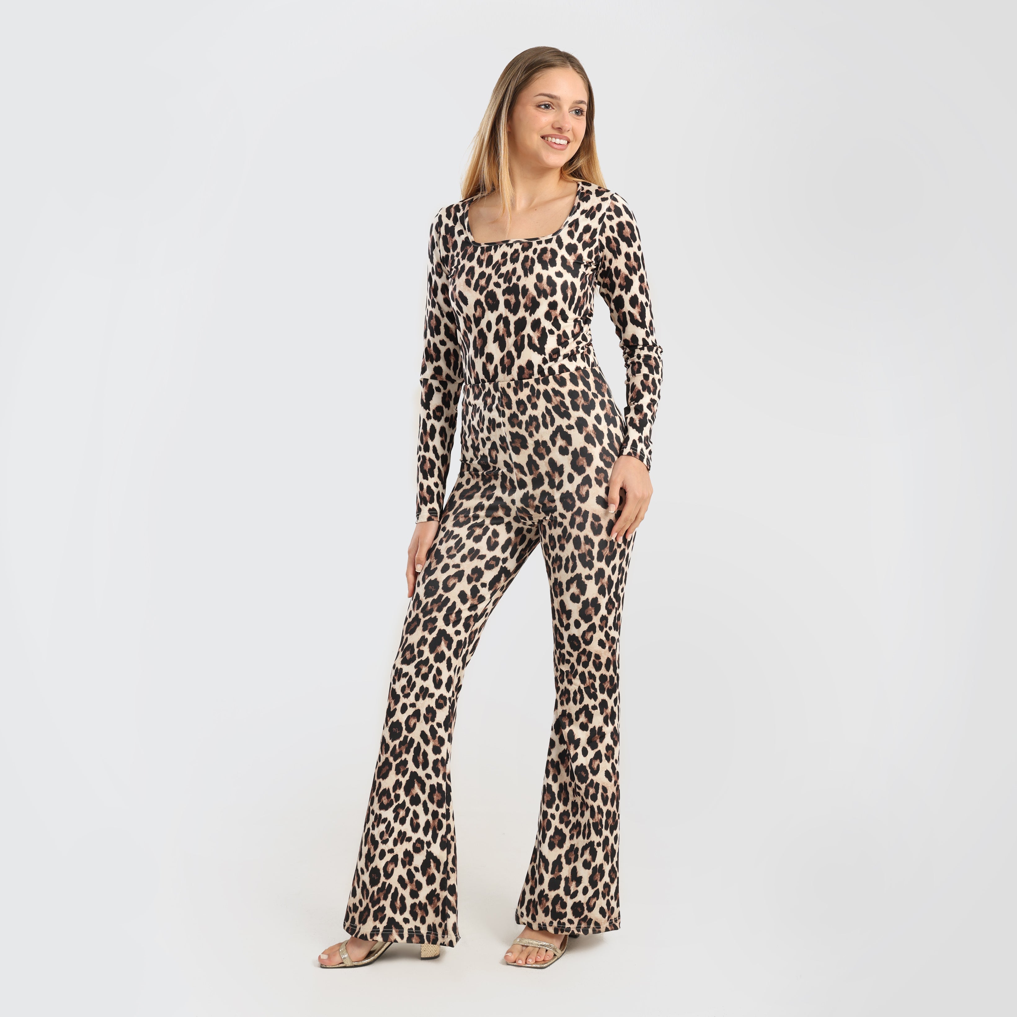 Trendy Leopard Print Two - Piece Set – Long - Sleeve Top & Flared Pants - Marca Deals - Flavie