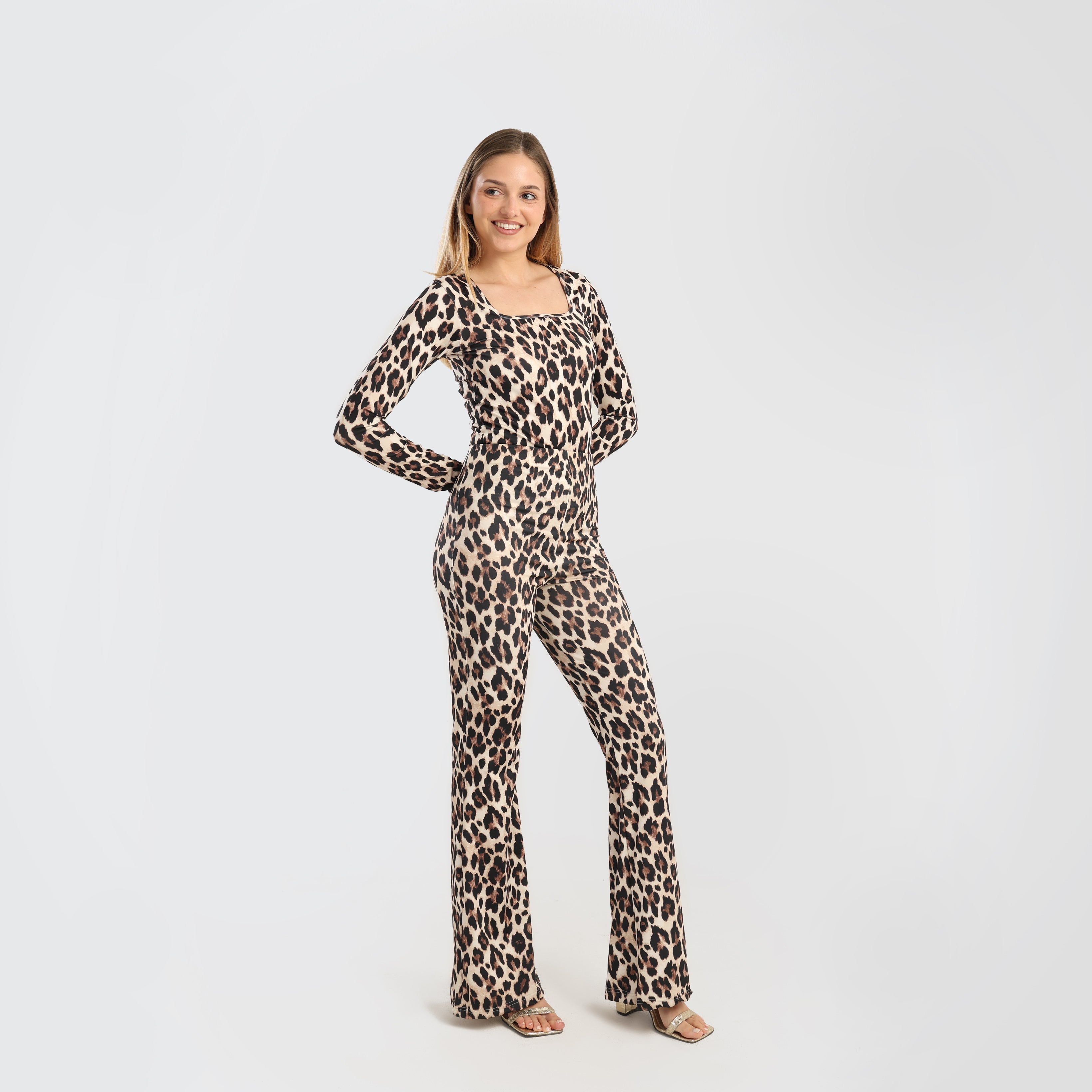 Trendy Leopard Print Two - Piece Set – Long - Sleeve Top & Flared Pants - Marca Deals - Flavie